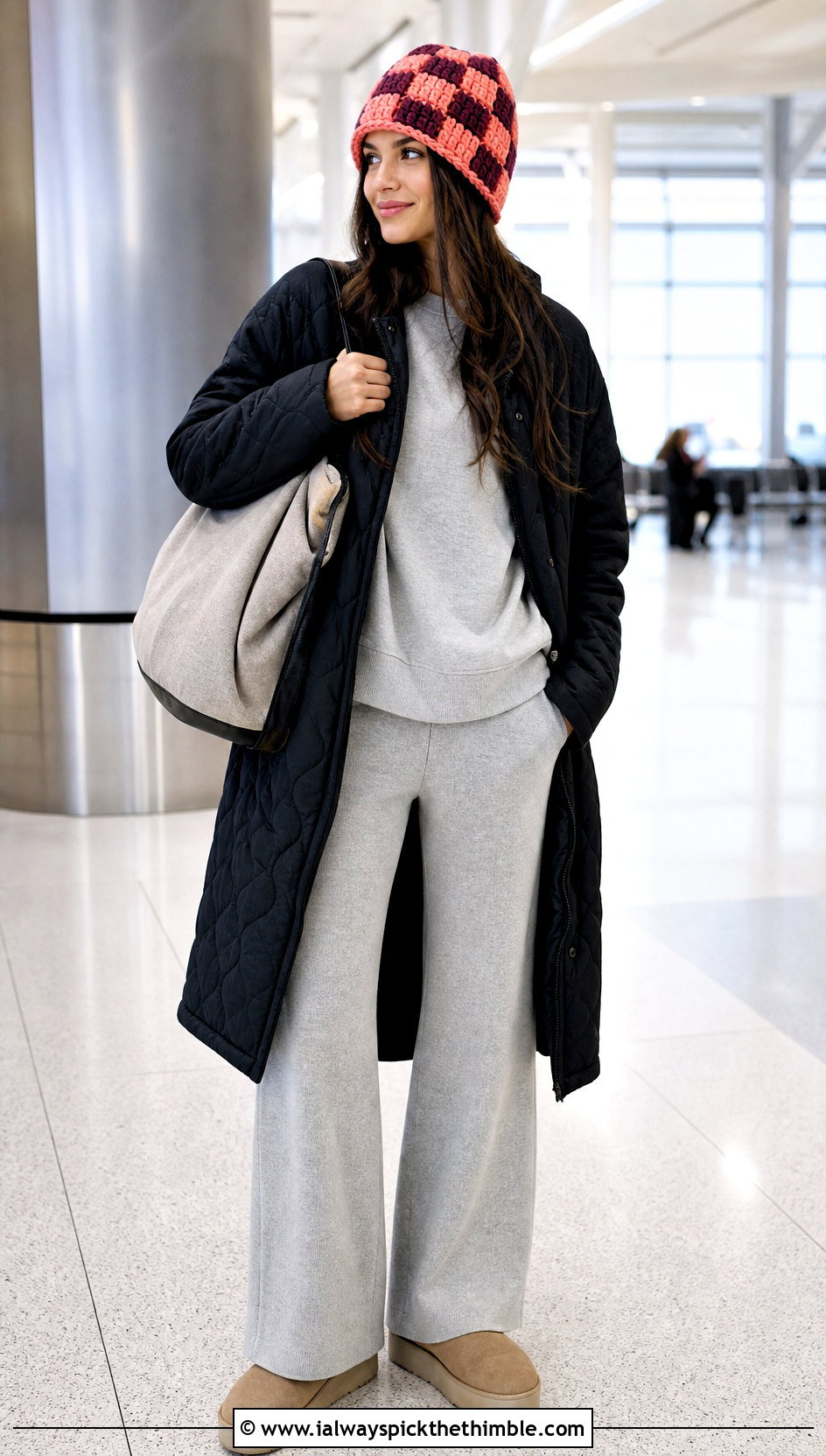 Chunky Checkerboard Crochet Beanie With Airport Outfit - 25 chunky crochet beanie outfit ideas