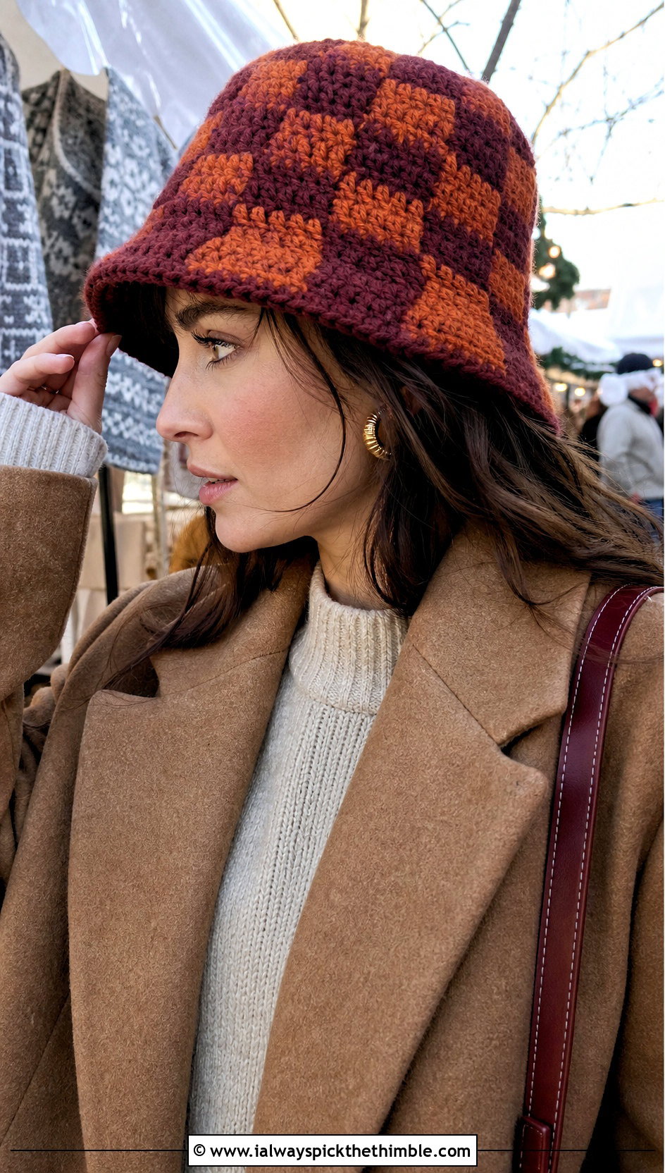 Chunky Checkerboard Crochet Bucket Hat With Sweater And Jeans - 20 checkerboard crochet bucket hat outfit ideas