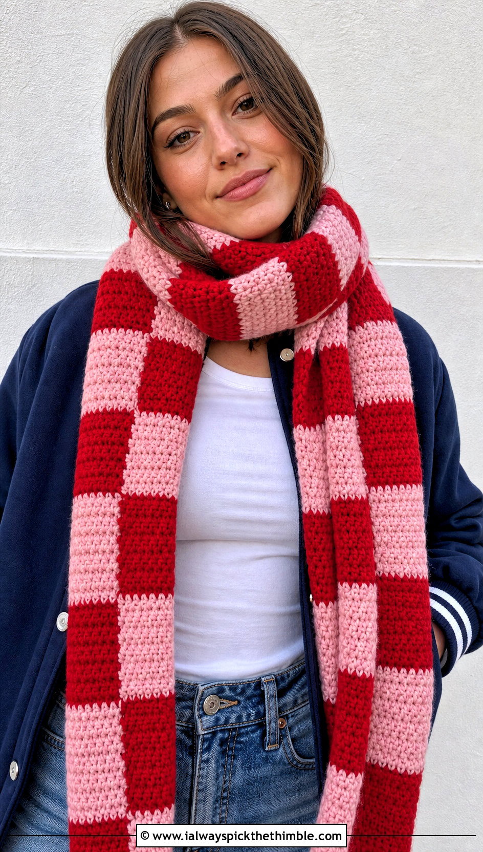 Chunky Checkerboard Crochet Scarf With Varsity Jacket - 20 Chunky Yarn Crochet Scarf outfit ideas