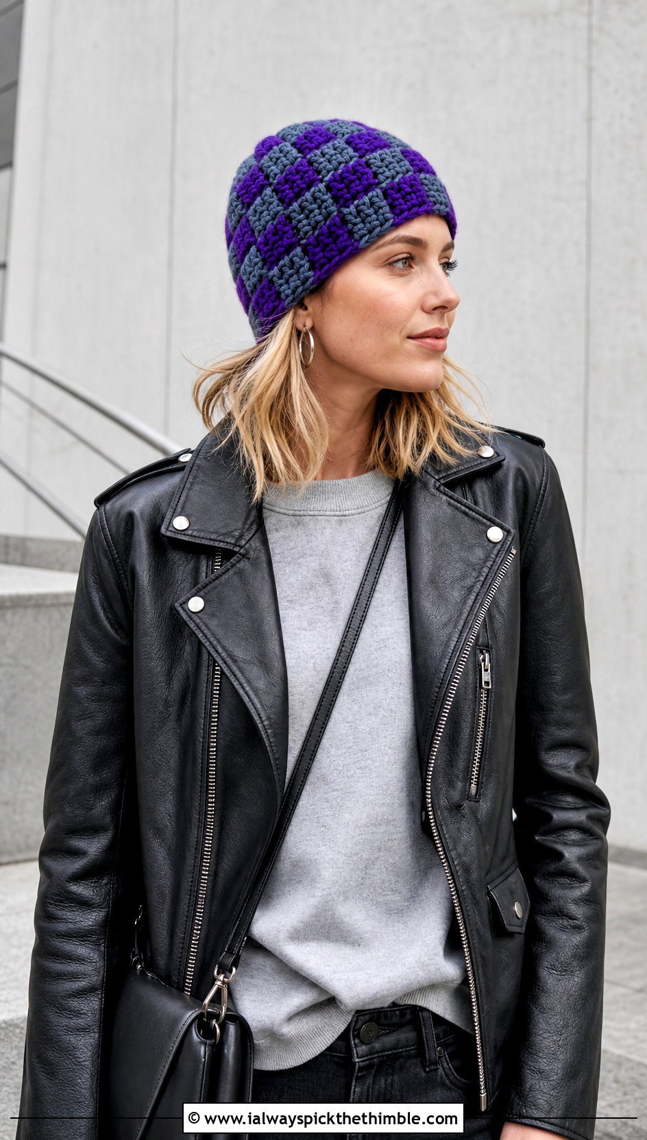 Chunky Checkered Beanie With Leather Jacket - 25 crochet checkered beanie outfit ideas