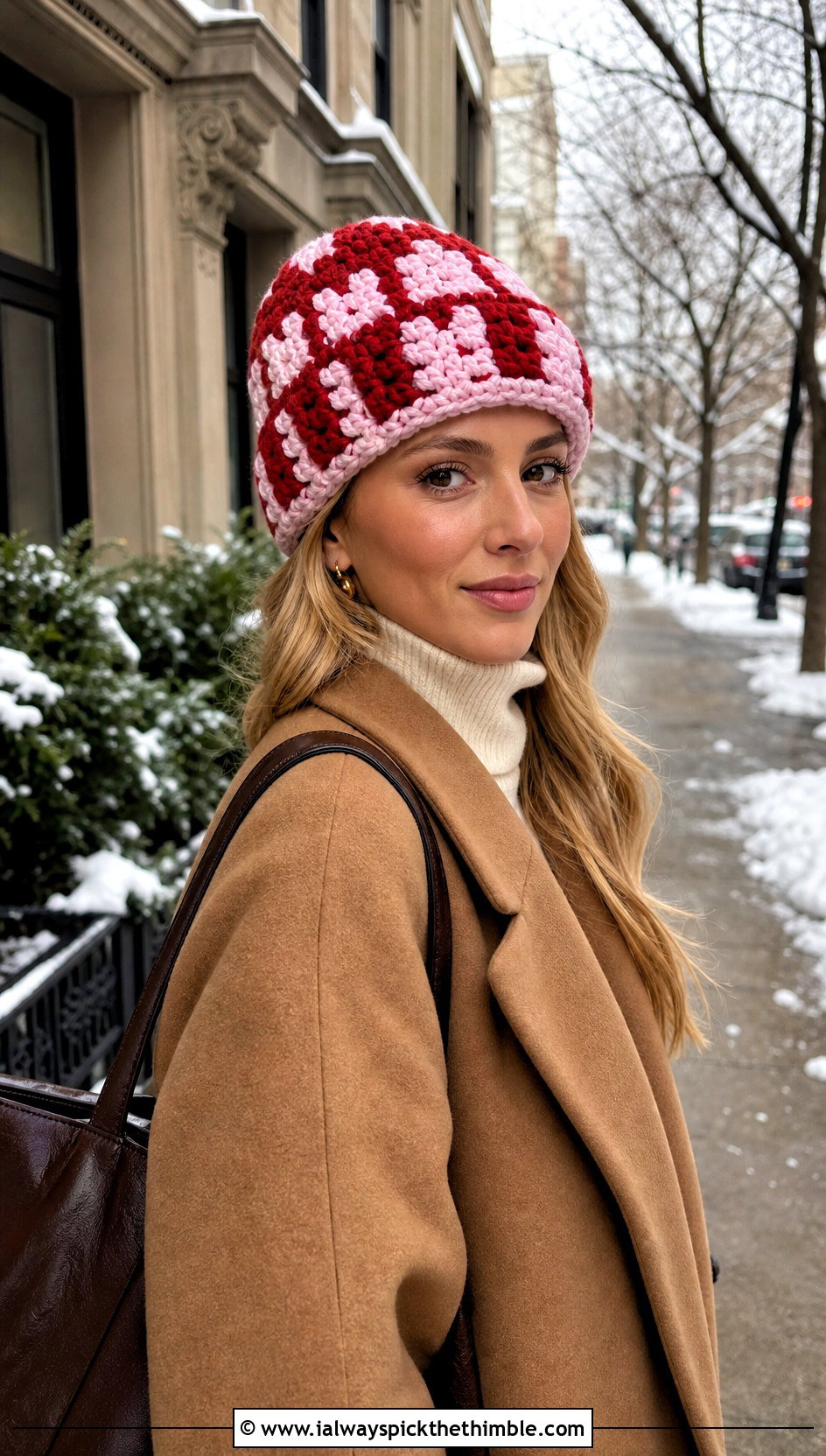 Chunky Checkered Crochet Beanie With Wool Coat And Straight Jeans - 15 Checkered Crochet Hat outfit ideas