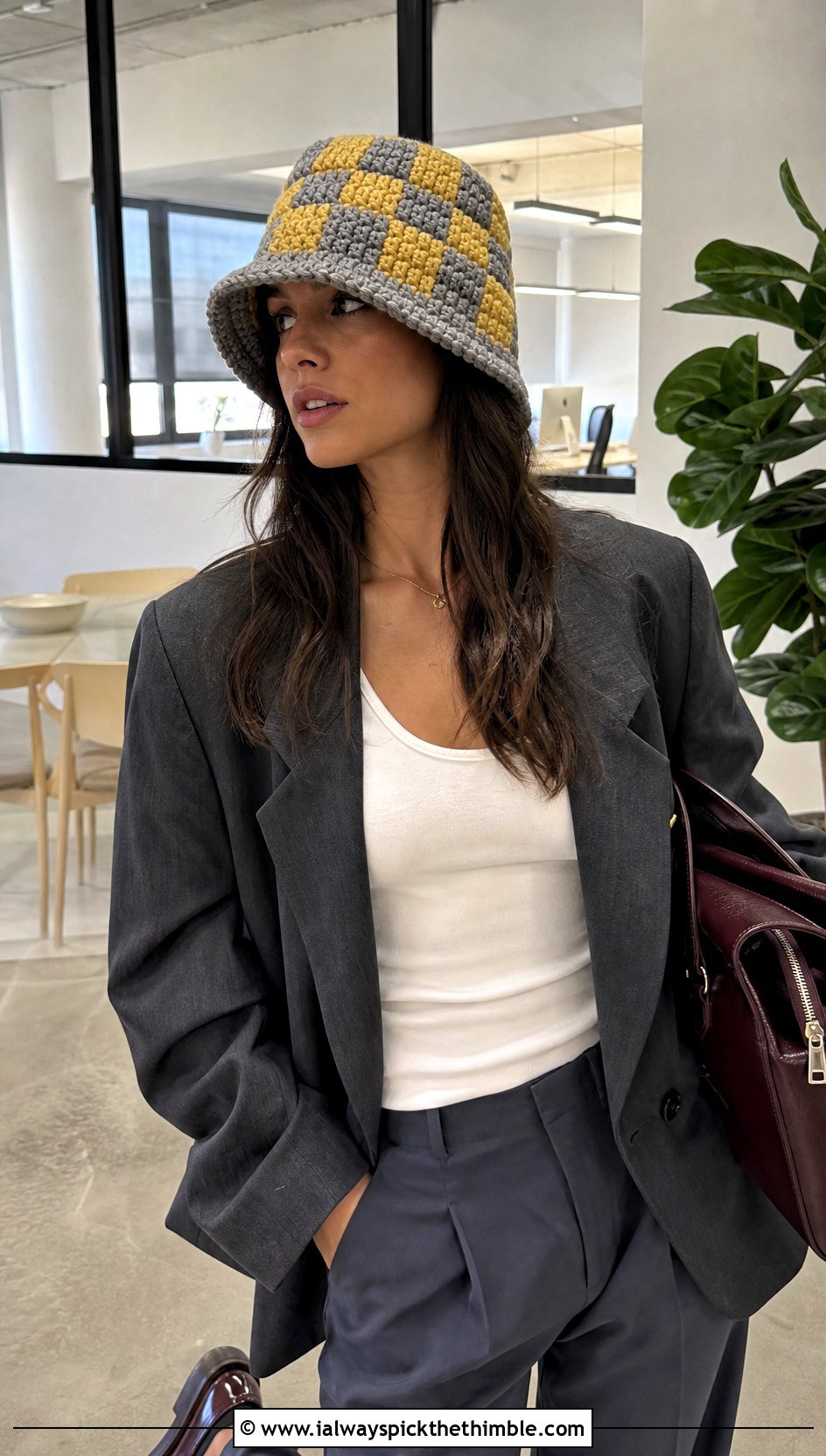 Chunky Checkered Crochet Bucket Hat With Blazer And Trousers - 25 crochet checkered bucket hat outfit ideas