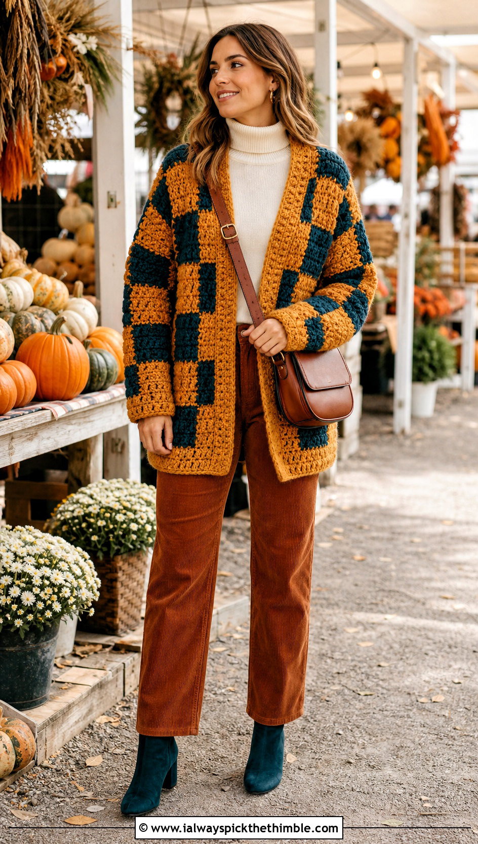 Chunky Checkered Crochet Cardigan With Corduroy Pants - 20 Checkered Crochet Cardigan outfit ideas