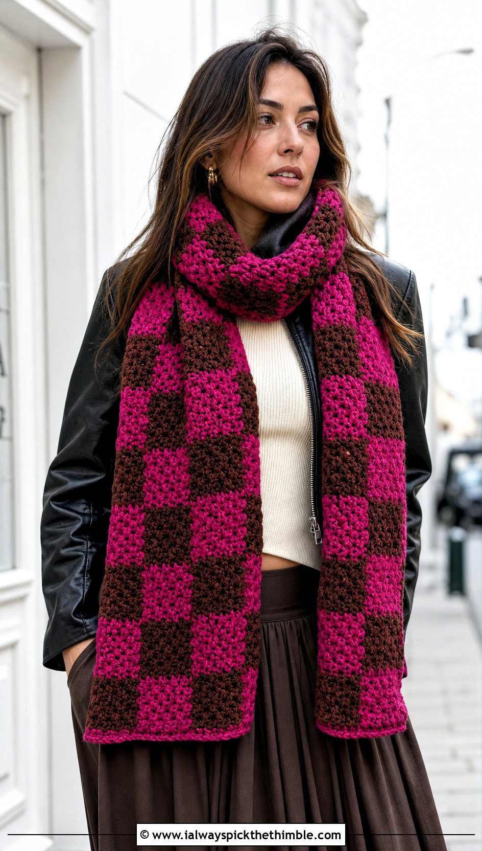 Chunky Checkered Crochet Scarf With Leather Jacket - 20 Checkered Crochet Scarf outfit ideas