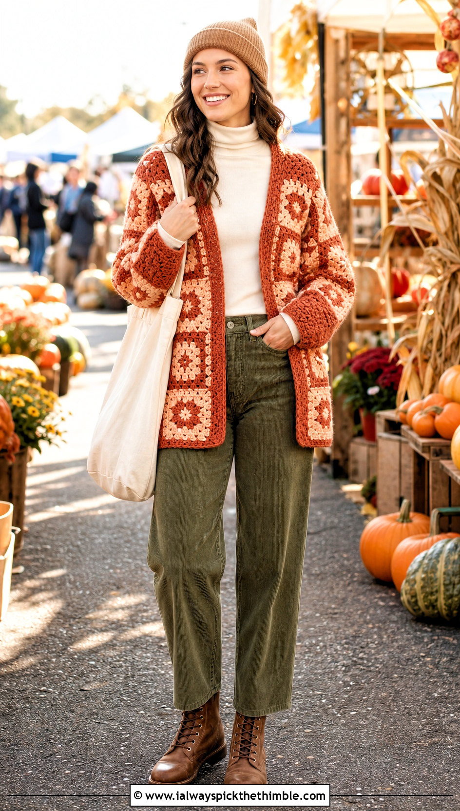 Chunky Checkered Granny Square Cardigan With Corduroy Pants - 20 checkered granny square cardigan outfit ideas