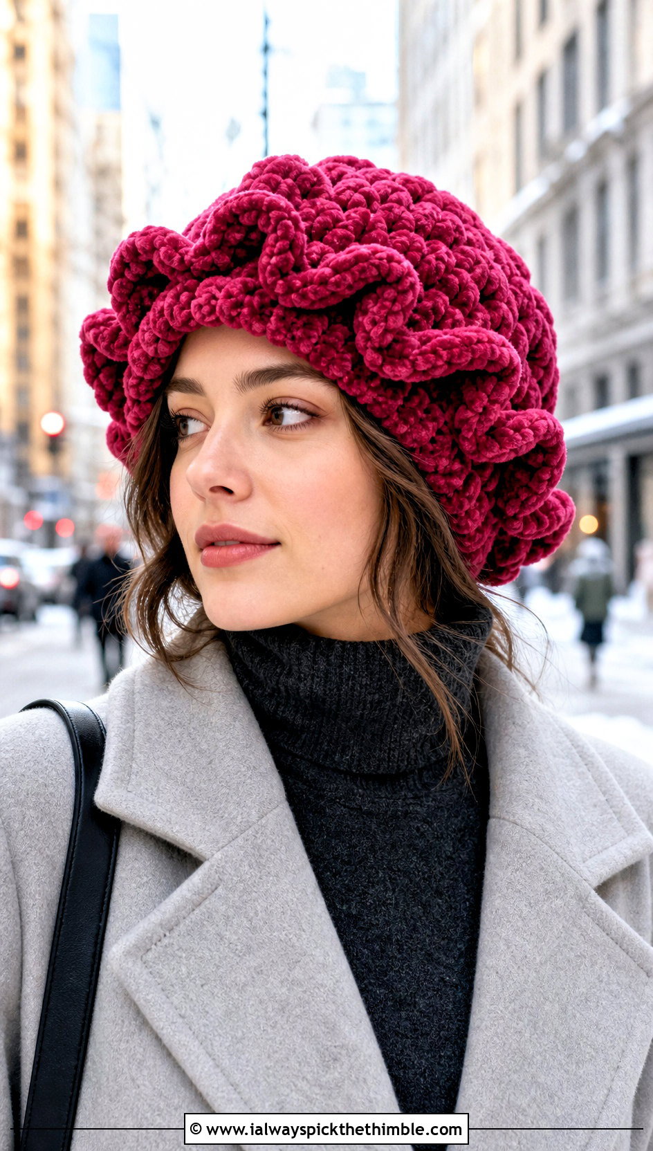 Chunky Chenille Ruffle Crochet Hat With Long Wool Coat - 25 ruffled crochet hat outfit ideas