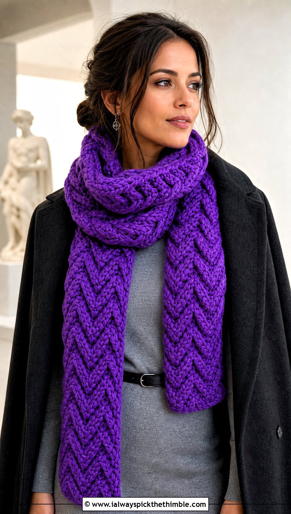Chunky Chevron Crochet Scarf With Sweater Dress - 20 Chunky Yarn Crochet Scarf outfit ideas