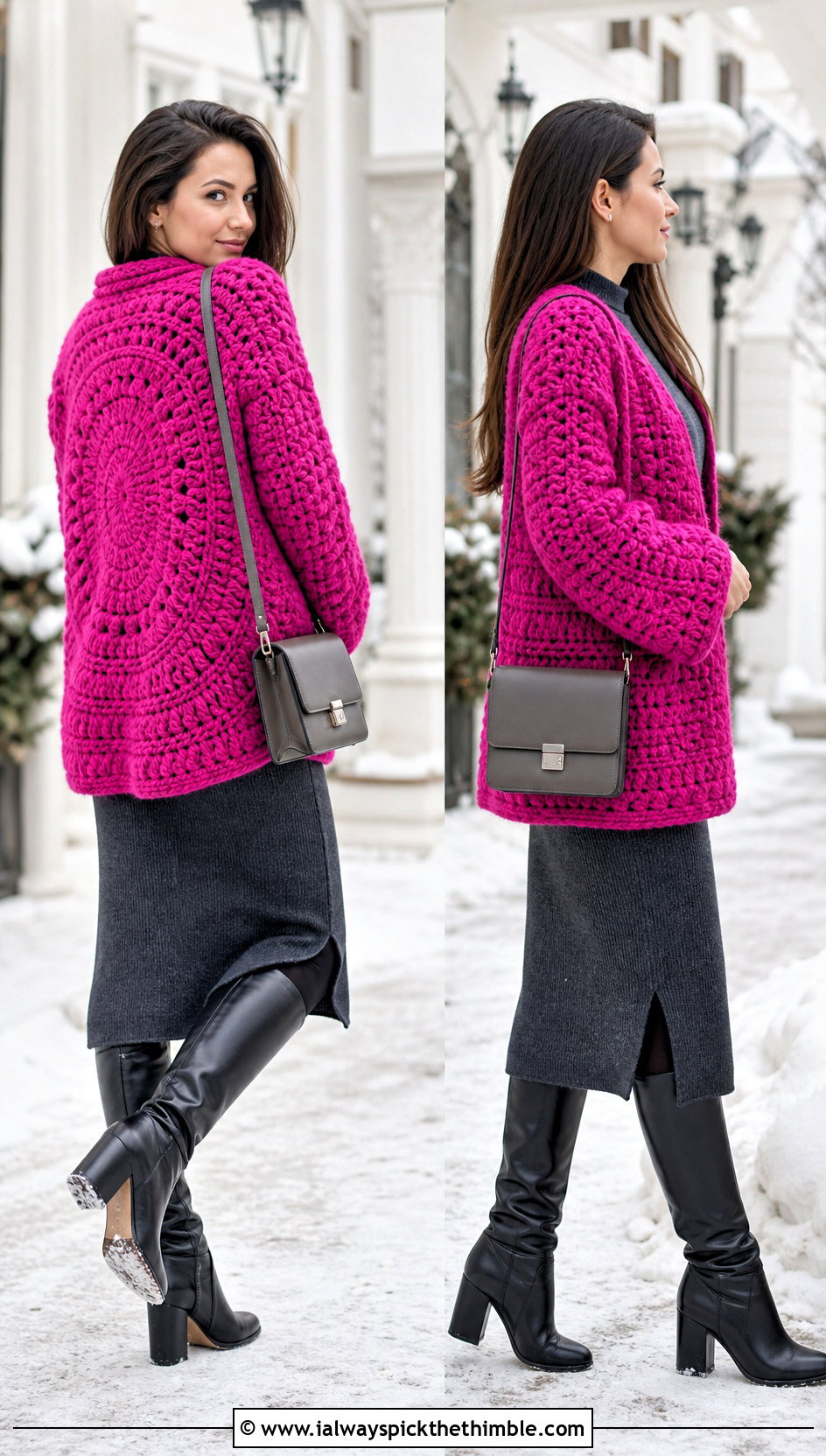 Chunky Circle Cardigan With Knit Dress - 20 crochet circle cardigan outfit ideas