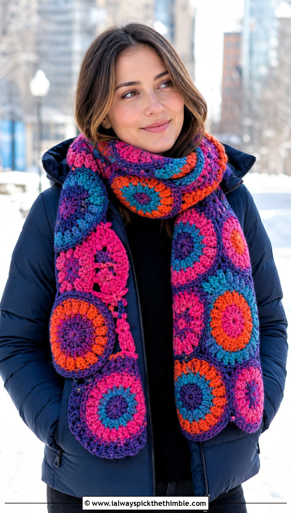 Chunky Circle Crochet Scarf With Puffer Coat And Leggings - 15 crochet scarf with colorful circles outfit ideas