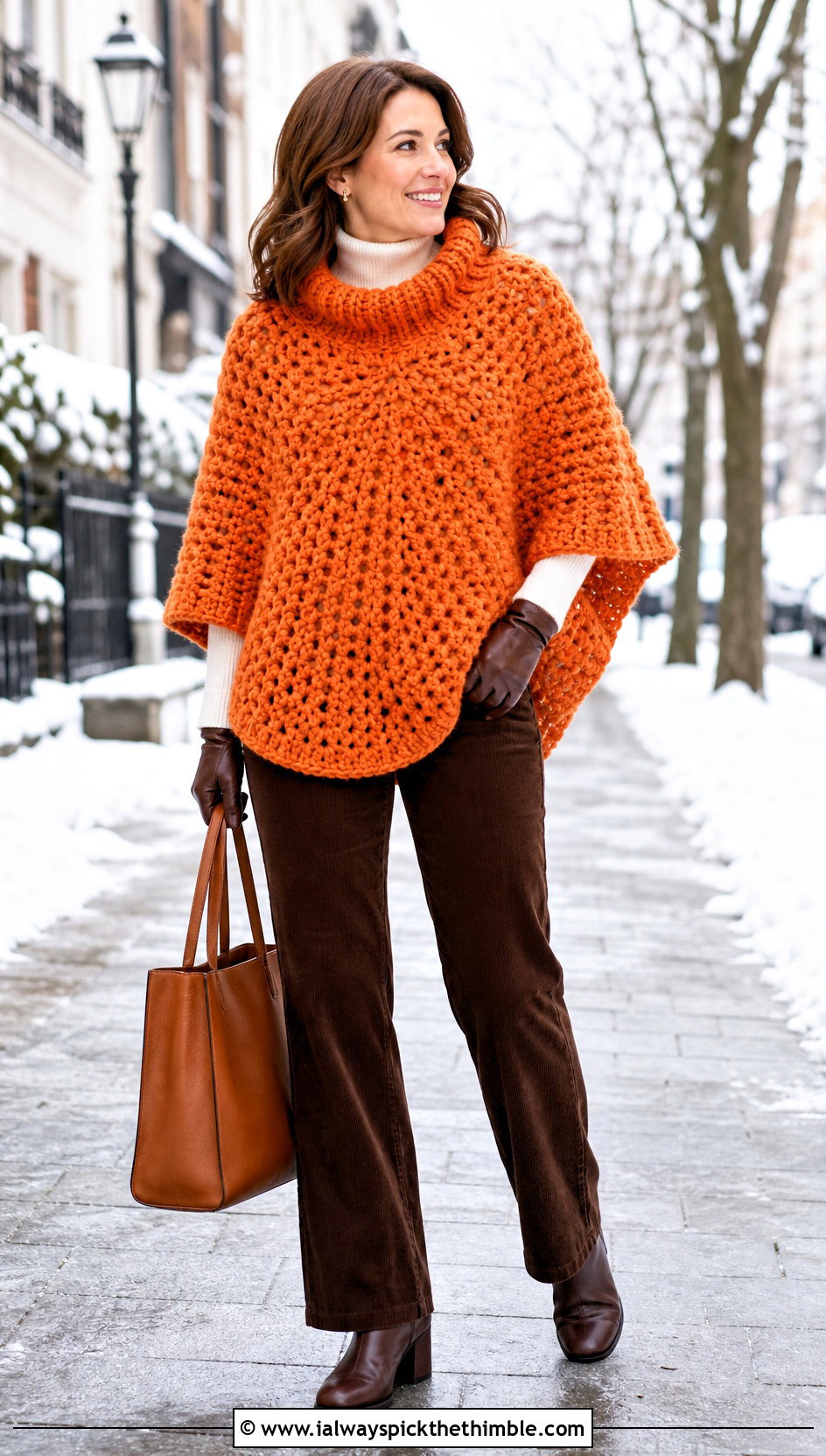 Chunky Circle Poncho With Corduroy Pants - 20 Crochet Circle Poncho outfit ideas