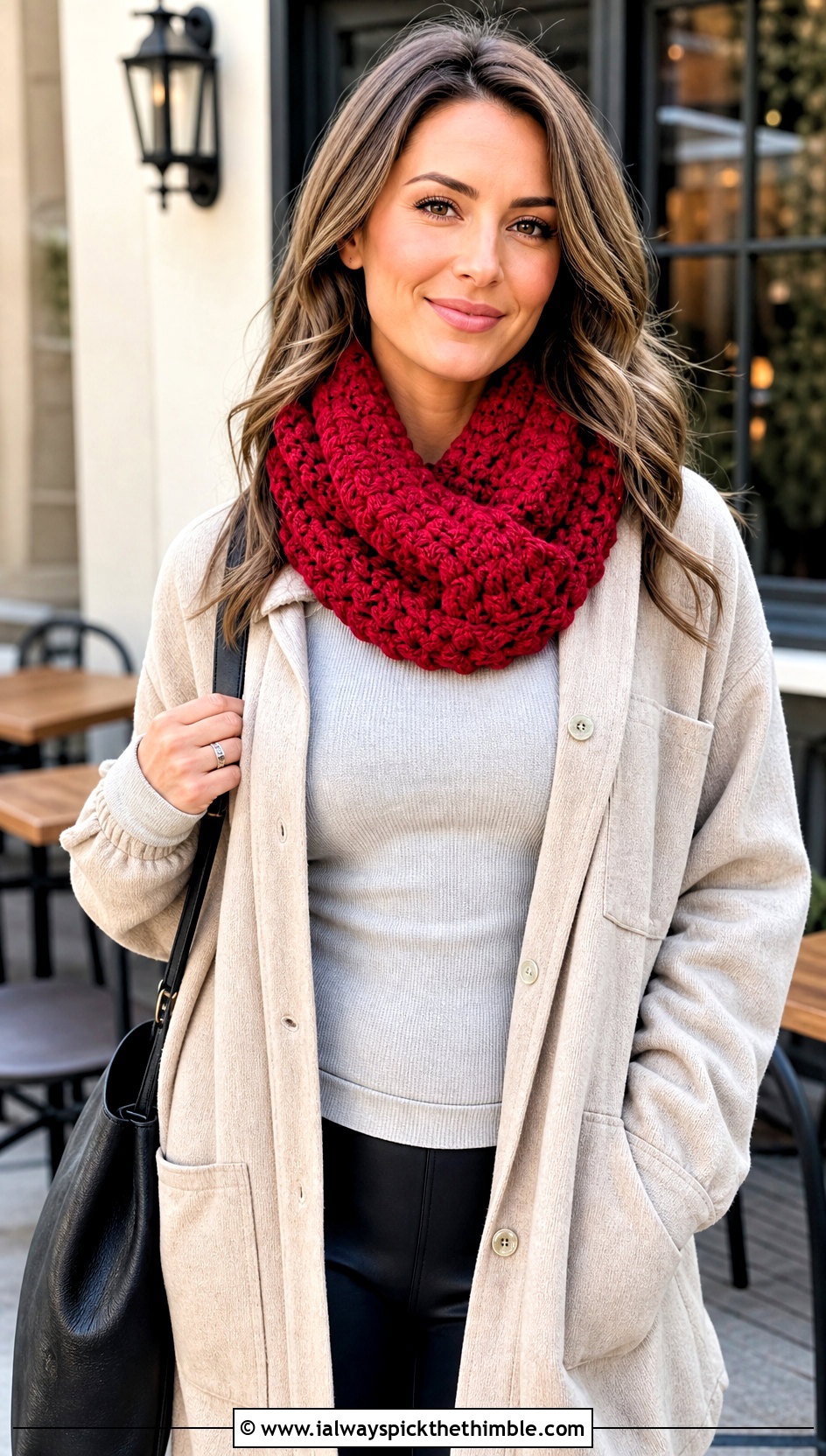 Chunky Cluster Stitch Crochet Cowl With Shacket - 20 crochet chunky cowl outfit ideas