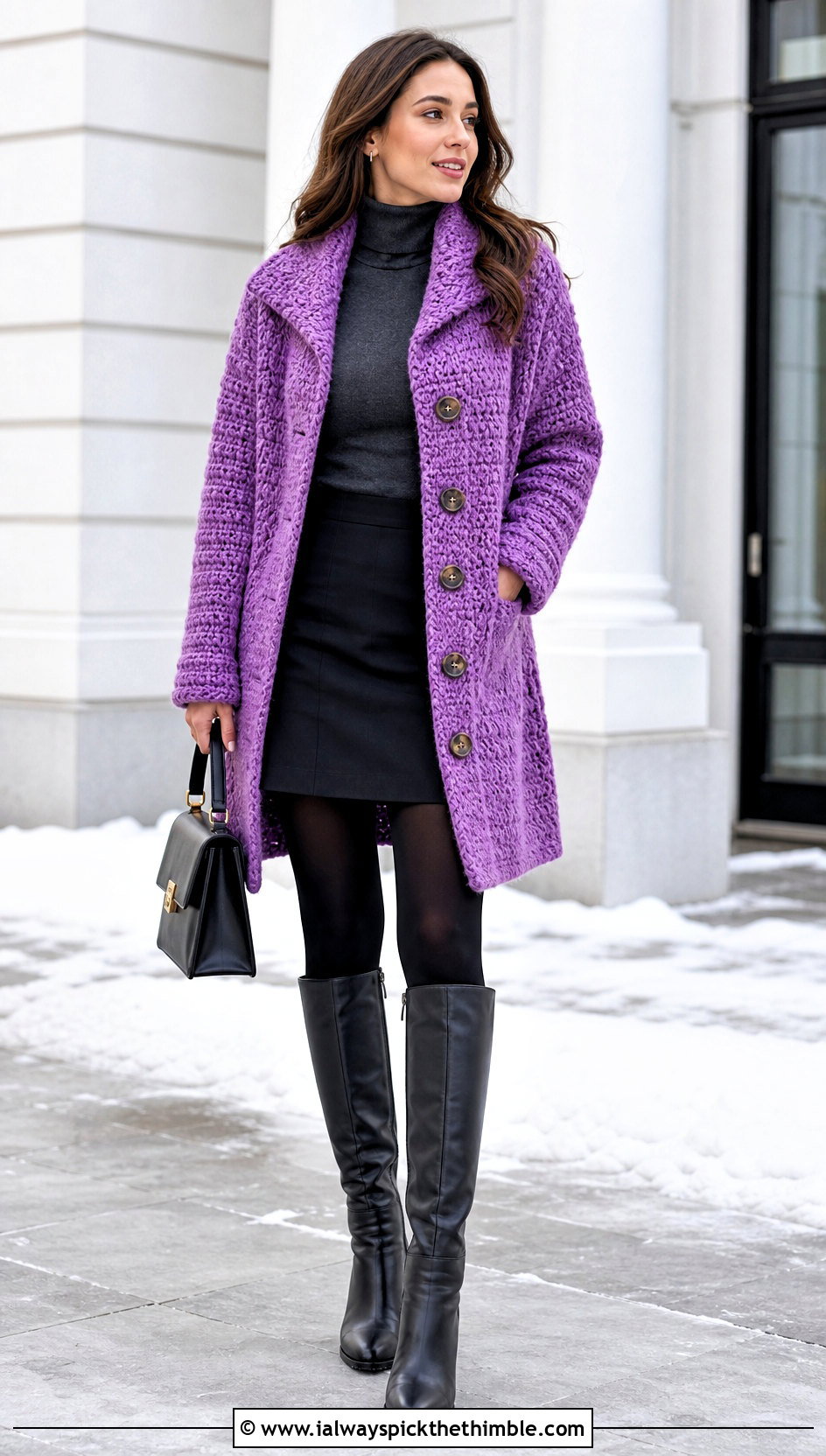 Chunky Coat Style Crochet Cardigan With Mini Skirt - 20 Modern Crochet Cardigan outfit ideas