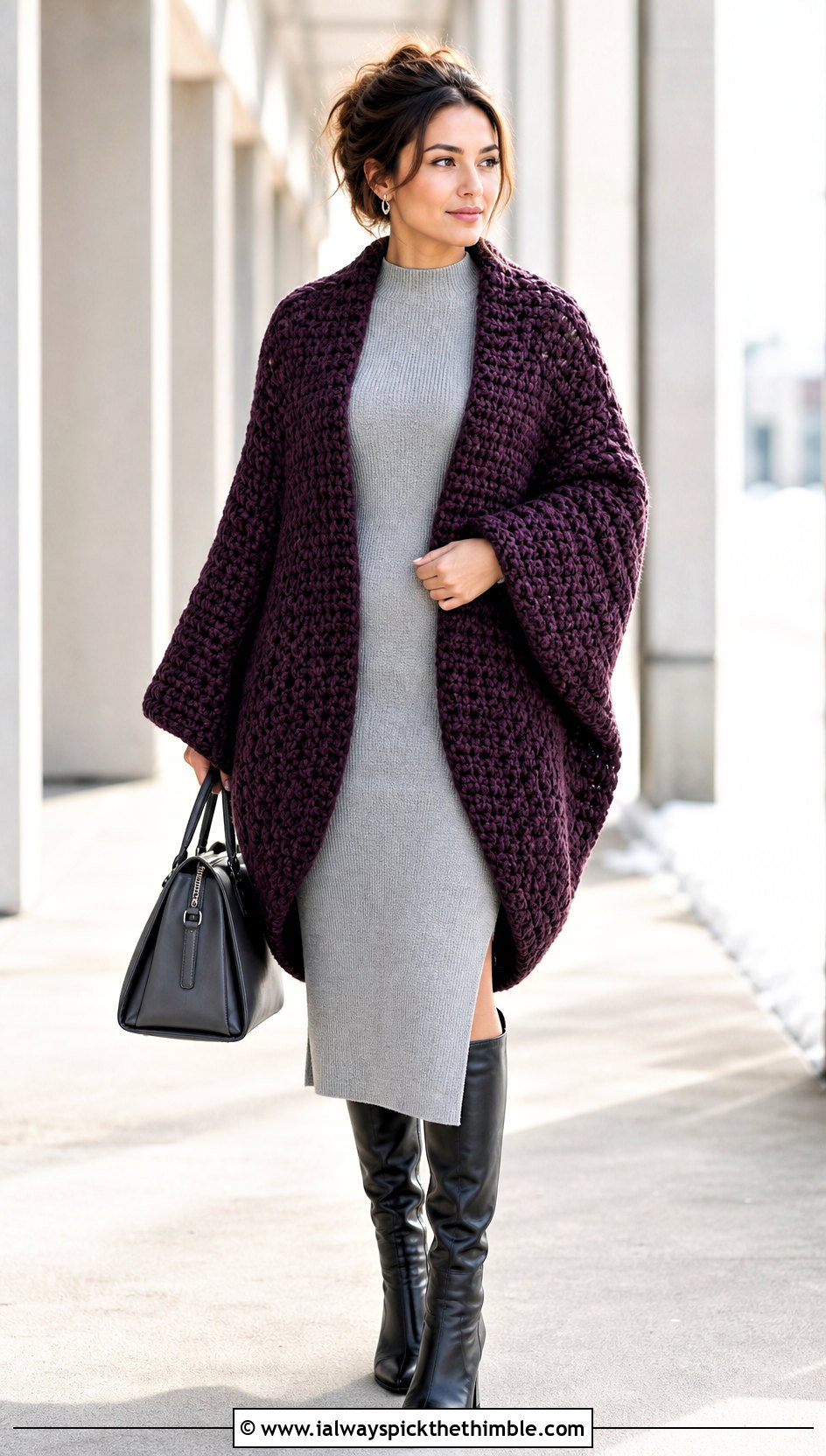 Chunky Cocoon Crochet Cardigan With Knit Dress And Boots - 15 Women Crochet Cardigan outfit ideas