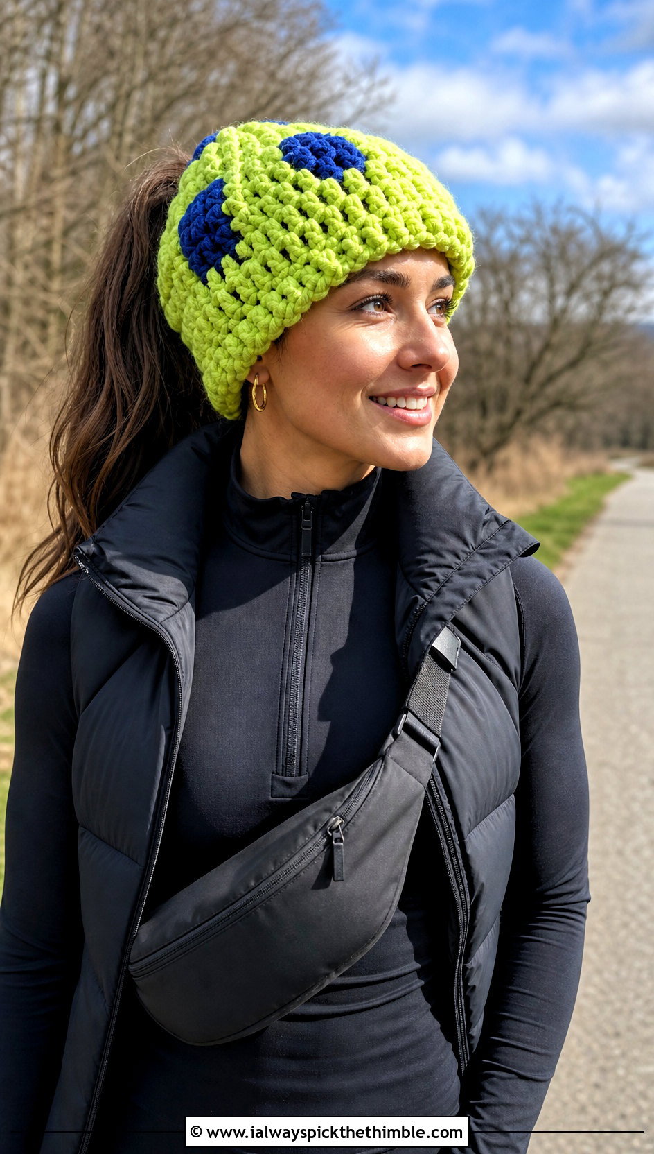 Chunky Color Block Crochet Beanie With Puffer Vest - 25 chunky crochet beanie outfit ideas