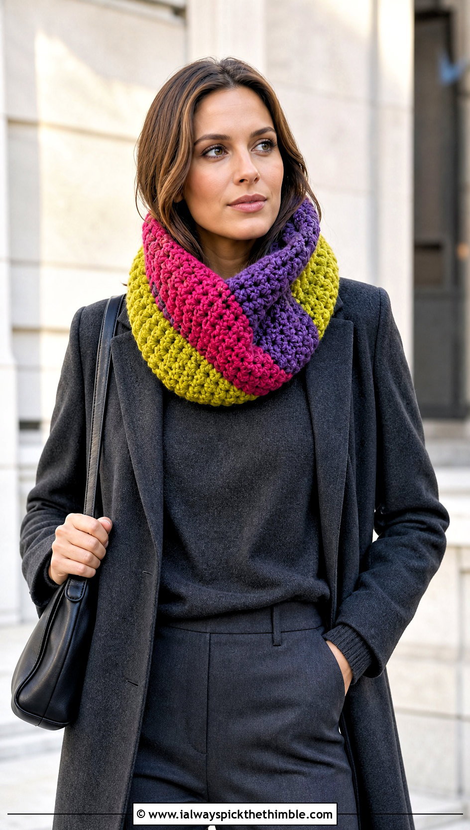 Chunky Color Block Crochet Cowl With Monochrome Outfit - 20 chunky crochet cowl outfit ideas