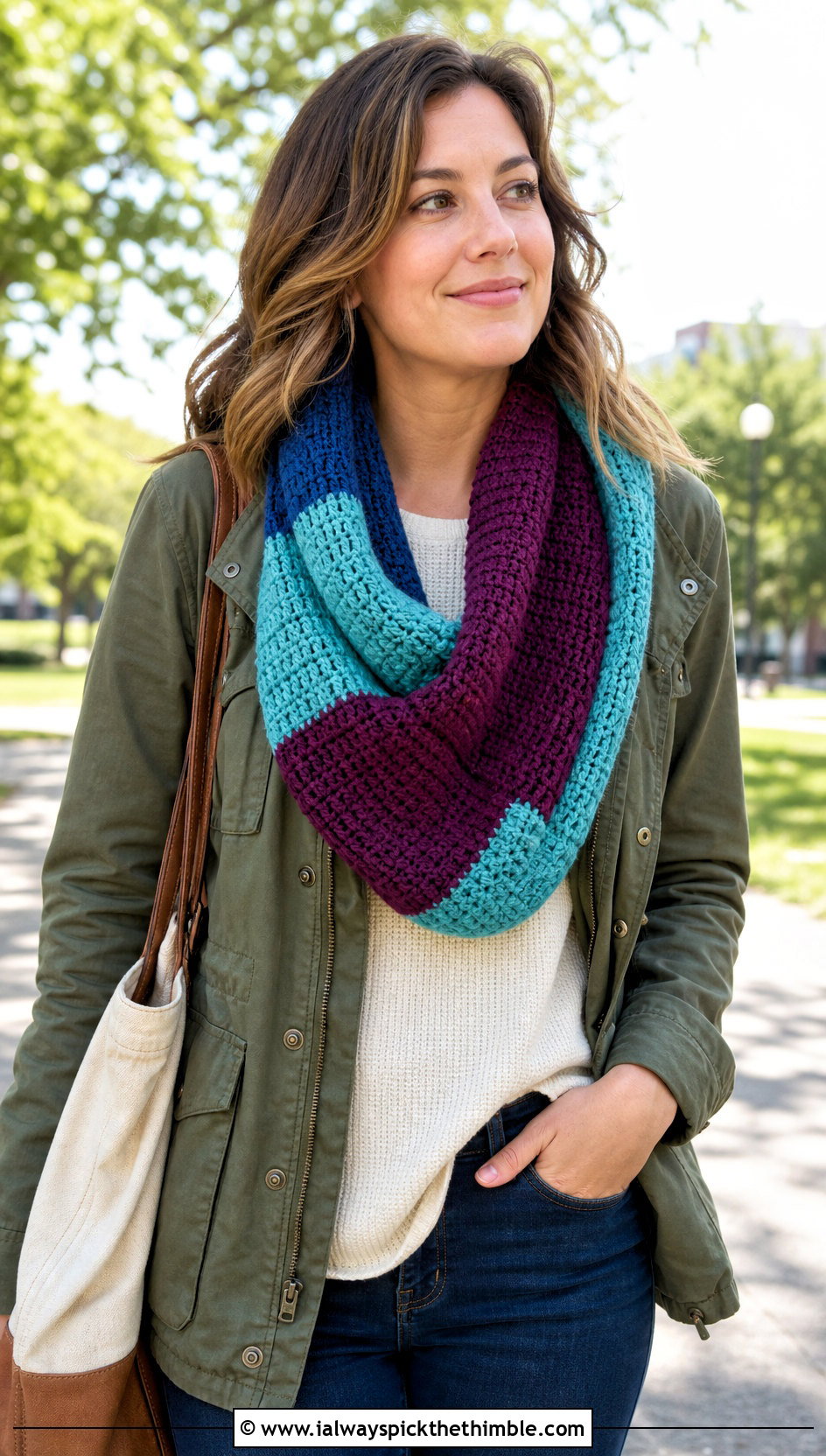 Chunky Color Block Crochet Scarf With Utility Jacket - 15 Crochet Scarves Chunky Yarn outfit ideas