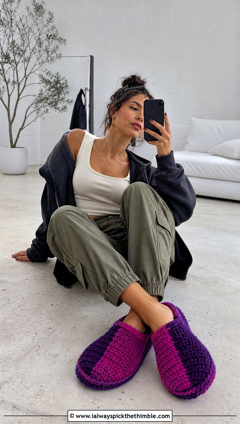 Chunky Color Block Crochet Slippers With Cargo Pants And Hoodie - 20 chunky crochet slippers outfit ideas