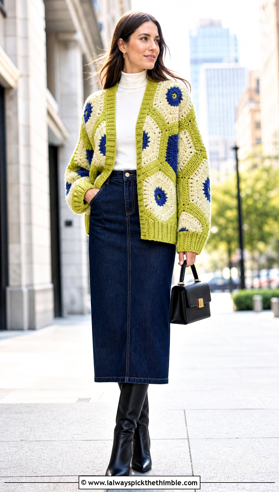 Chunky Color Block Hexagon Cardigan With Denim Midi Skirt - 20 chunky crochet hexagon cardigan outfit ideas