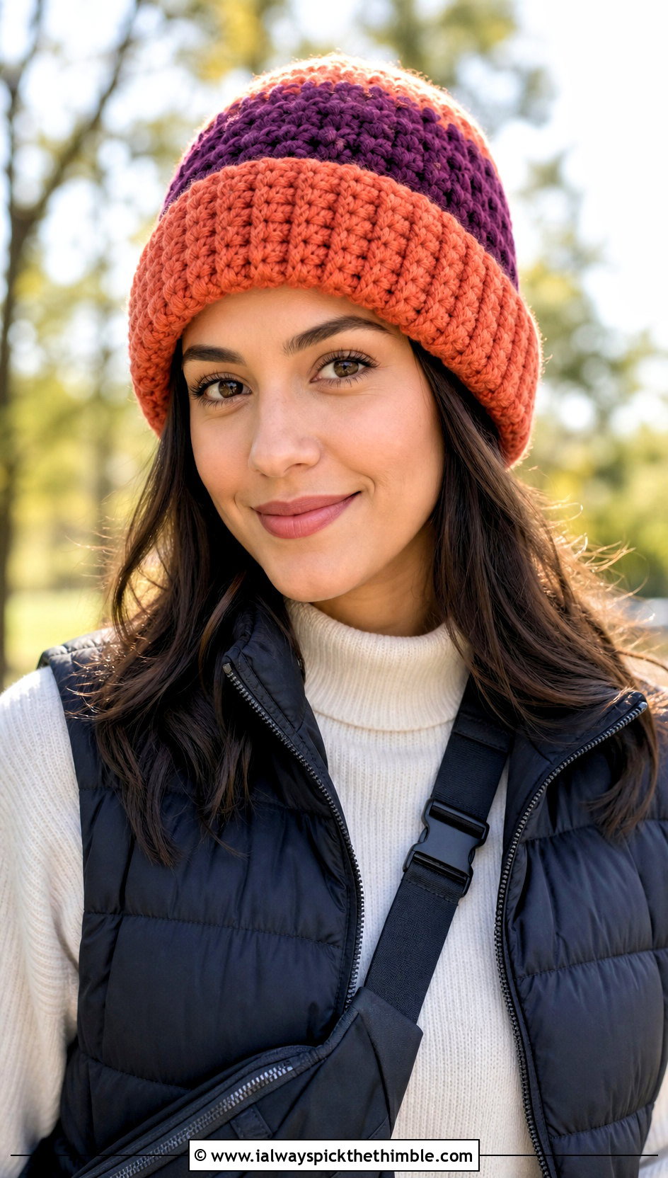 Chunky Color Block Stripe Cuffed Beanie With Puffer Vest - 20 striped crochet beanie outfit ideas