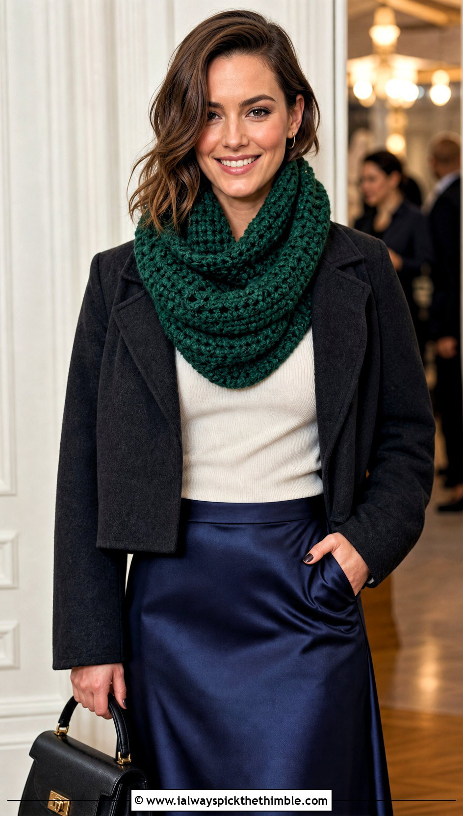 Chunky Cowl Crochet Scarf With Satin Skirt - 20 Chunky Yarn Crochet Scarf outfit ideas