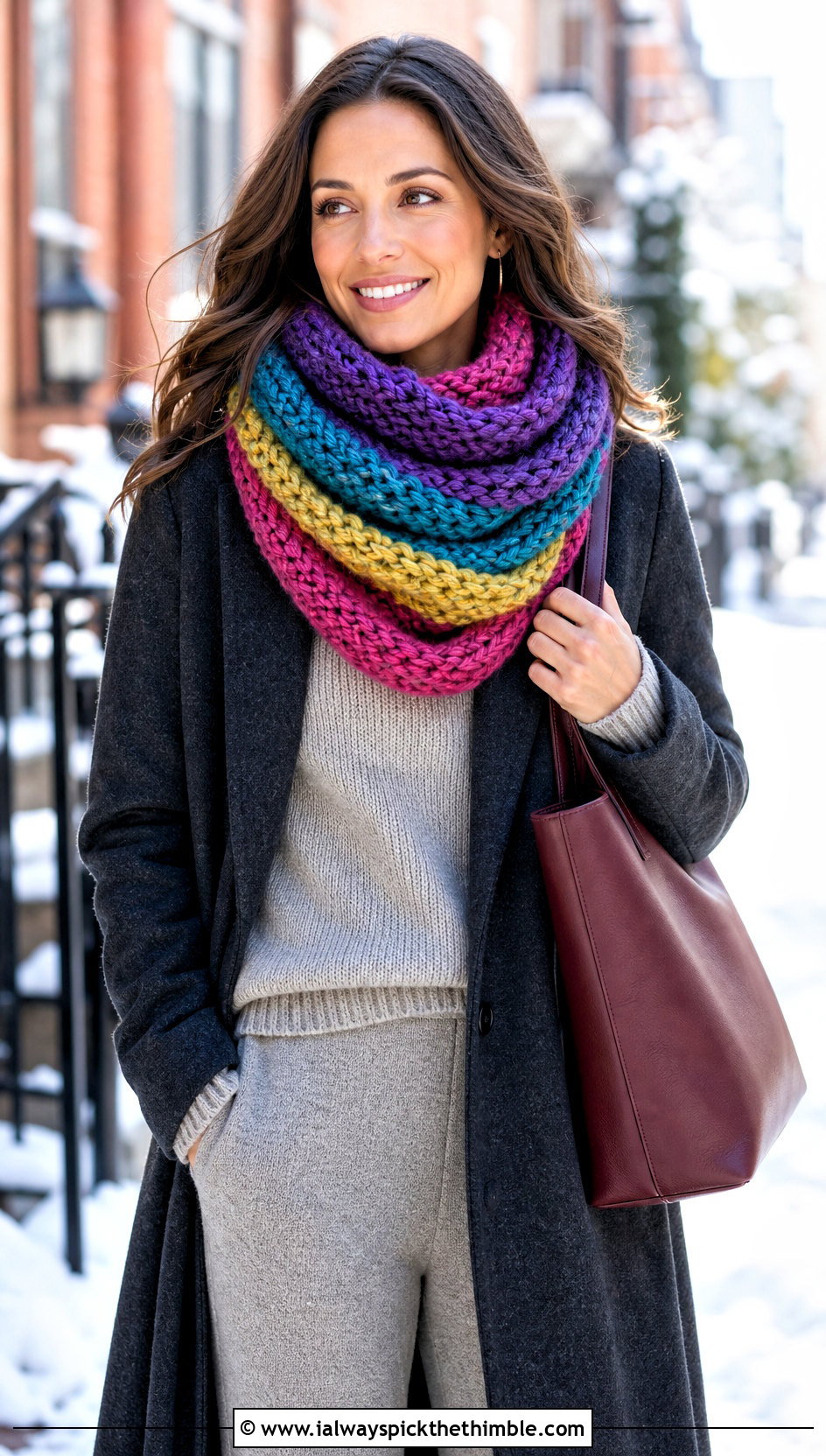 Chunky Cowl Mood Scarf With Knit Set - 15 Crochet Mood Scarf outfit ideas