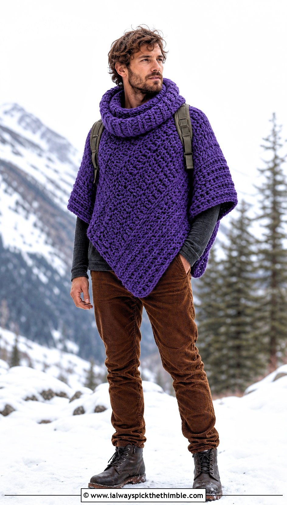 Chunky Cowl Neck Crochet Poncho With Corduroy Pants - 20 crochet men's poncho outfit ideas