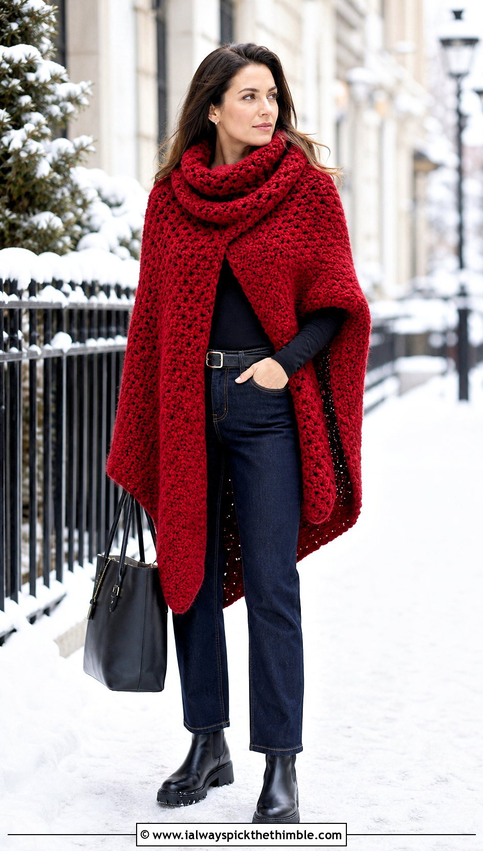 Chunky Cowl Neck DIY Crochet Cape With Dark Jeans - 15 diy crochet cape outfit ideas