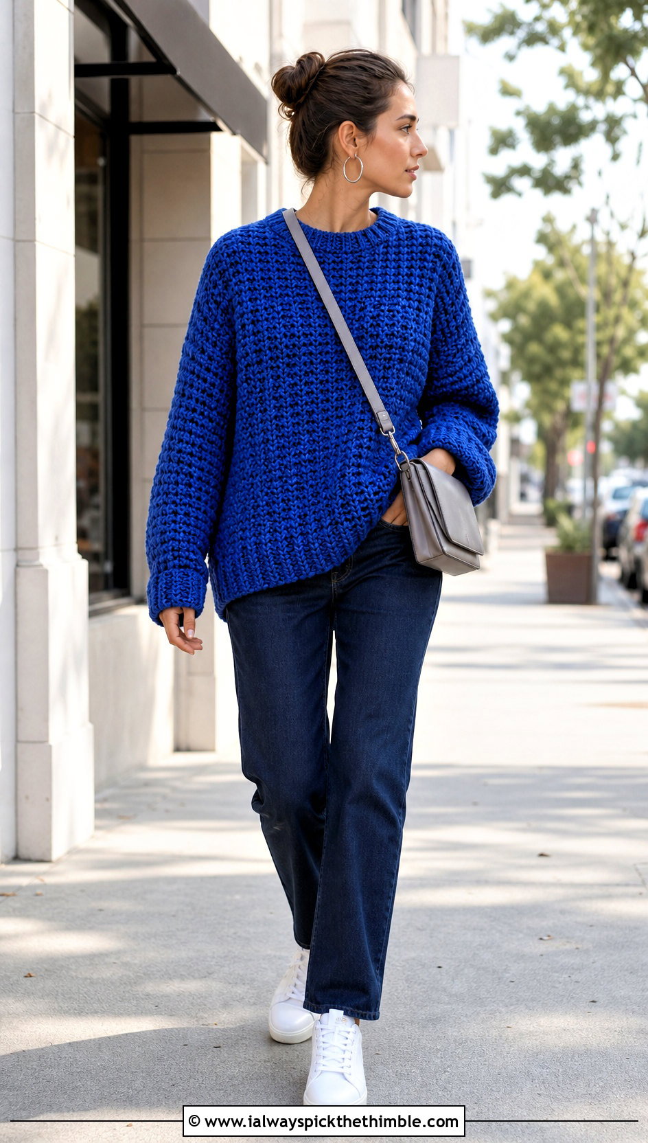 Chunky Crewneck Oversize Crochet Sweater With Straight Leg Jeans - 15 Oversize Crochet Sweater outfit ideas