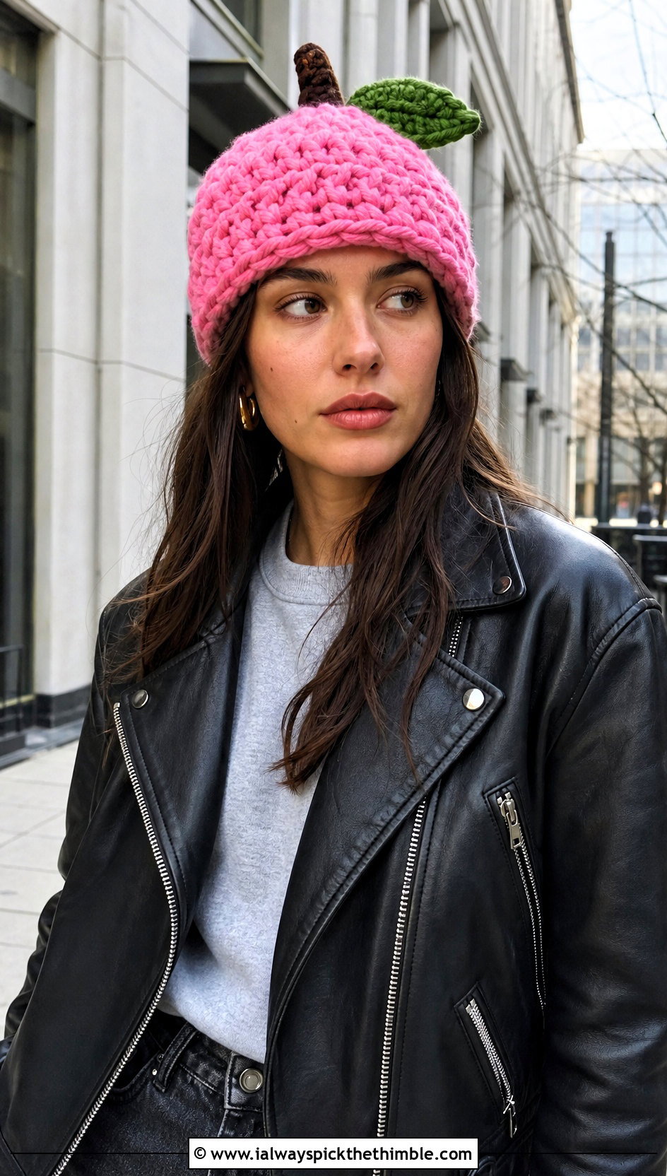 Chunky Crochet Apple Beanie With Leather Jacket - 25 crochet apple hat outfit ideas