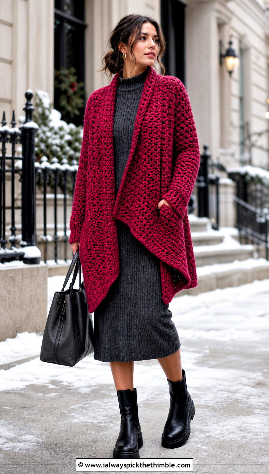 Chunky Crochet Asymmetrical Cardigan With Knit Dress - 20 crochet asymmetrical cardigan outfit ideas