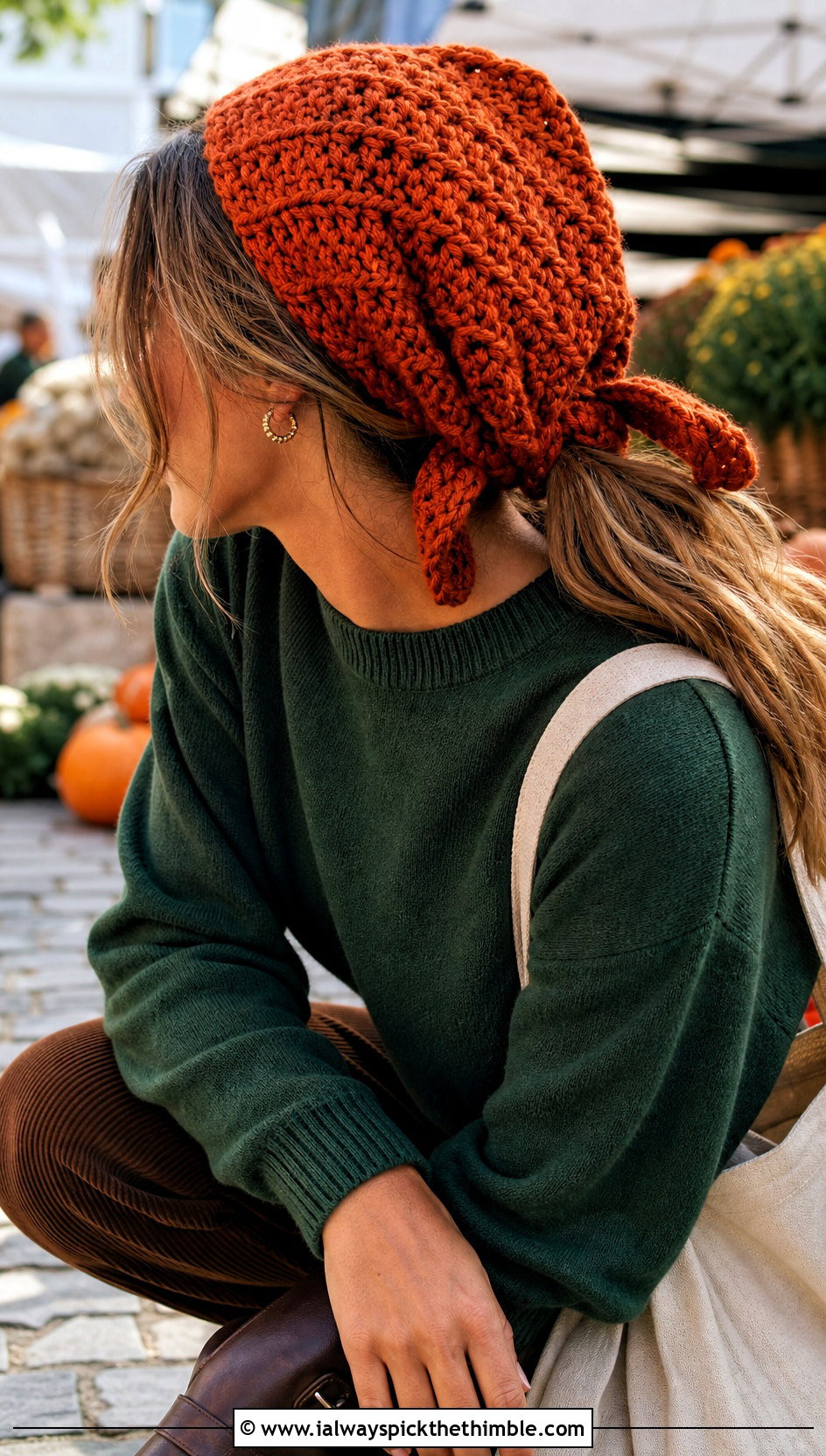 Chunky Crochet Bandana With Sweater And Corduroy Pants - 20 crochet bandana hair scarf outfit ideas