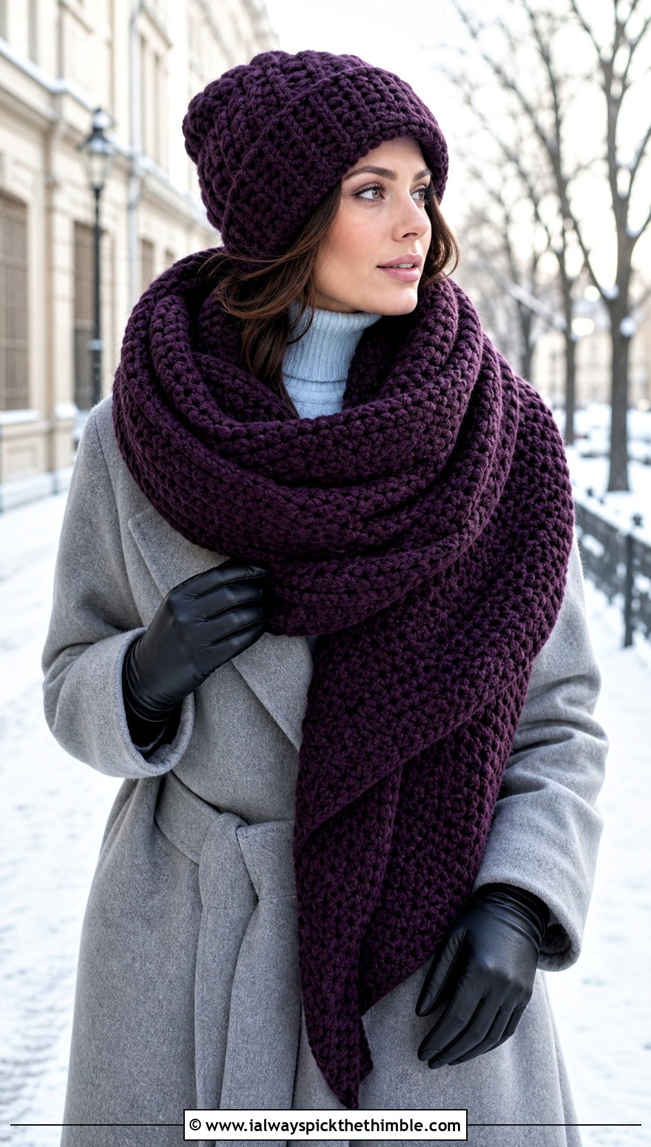 Chunky Crochet Beanie And Blanket Scarf With Wool Coat - 20 crochet hat scarf outfit ideas