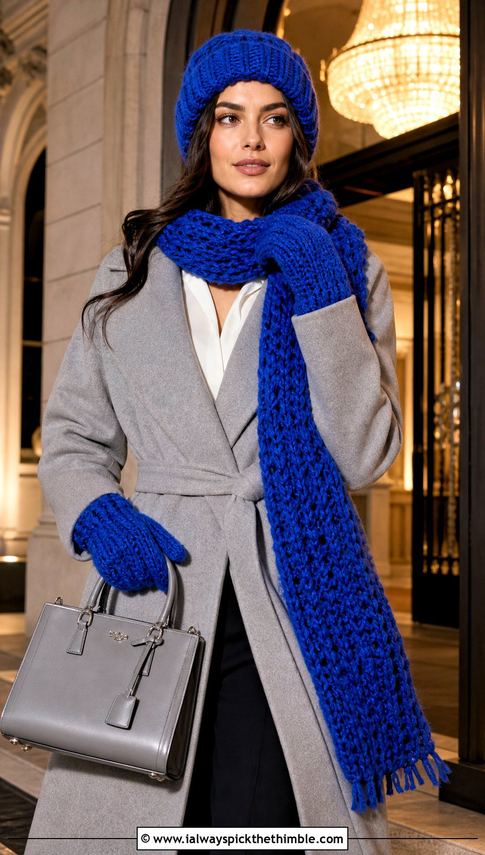 Chunky Crochet Beanie Fringe Scarf And Gloves With Belted Coat - 20 crochet hat scarf gloves set outfit ideas