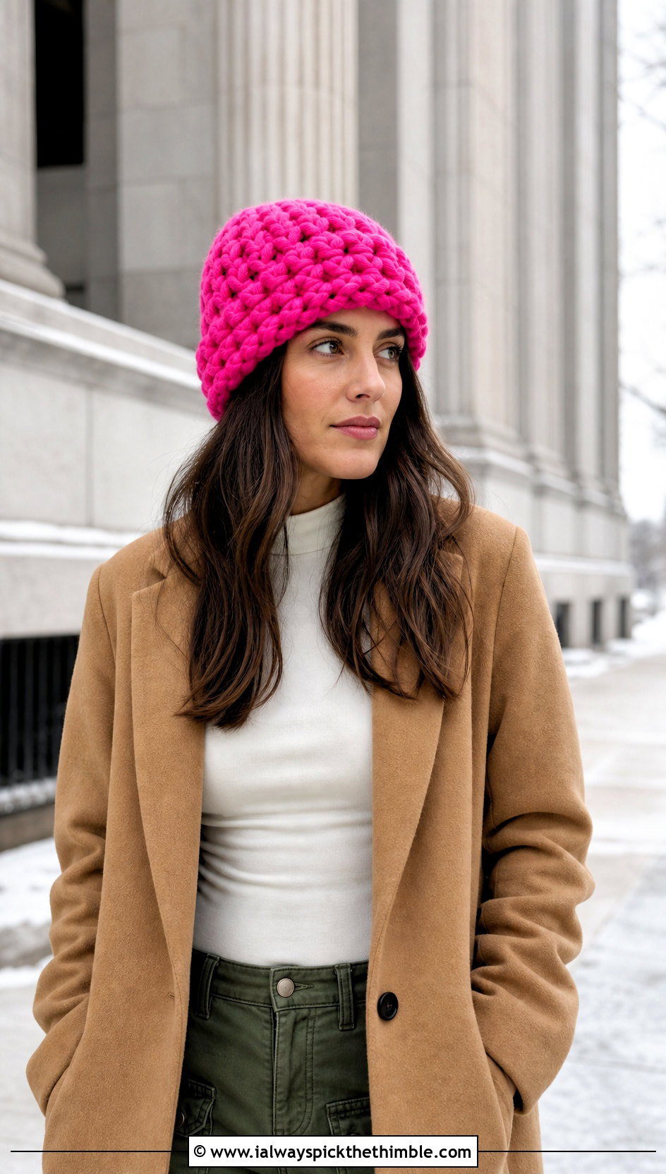 Chunky Crochet Beanie With Oversized Coat And Cargo Pants - 25 easy crochet beanie outfit ideas