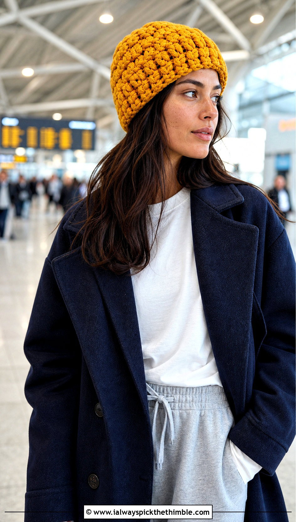 Chunky Crochet Beanie With Oversized Coat And Joggers - 25 aesthetic crochet beanie outfit ideas