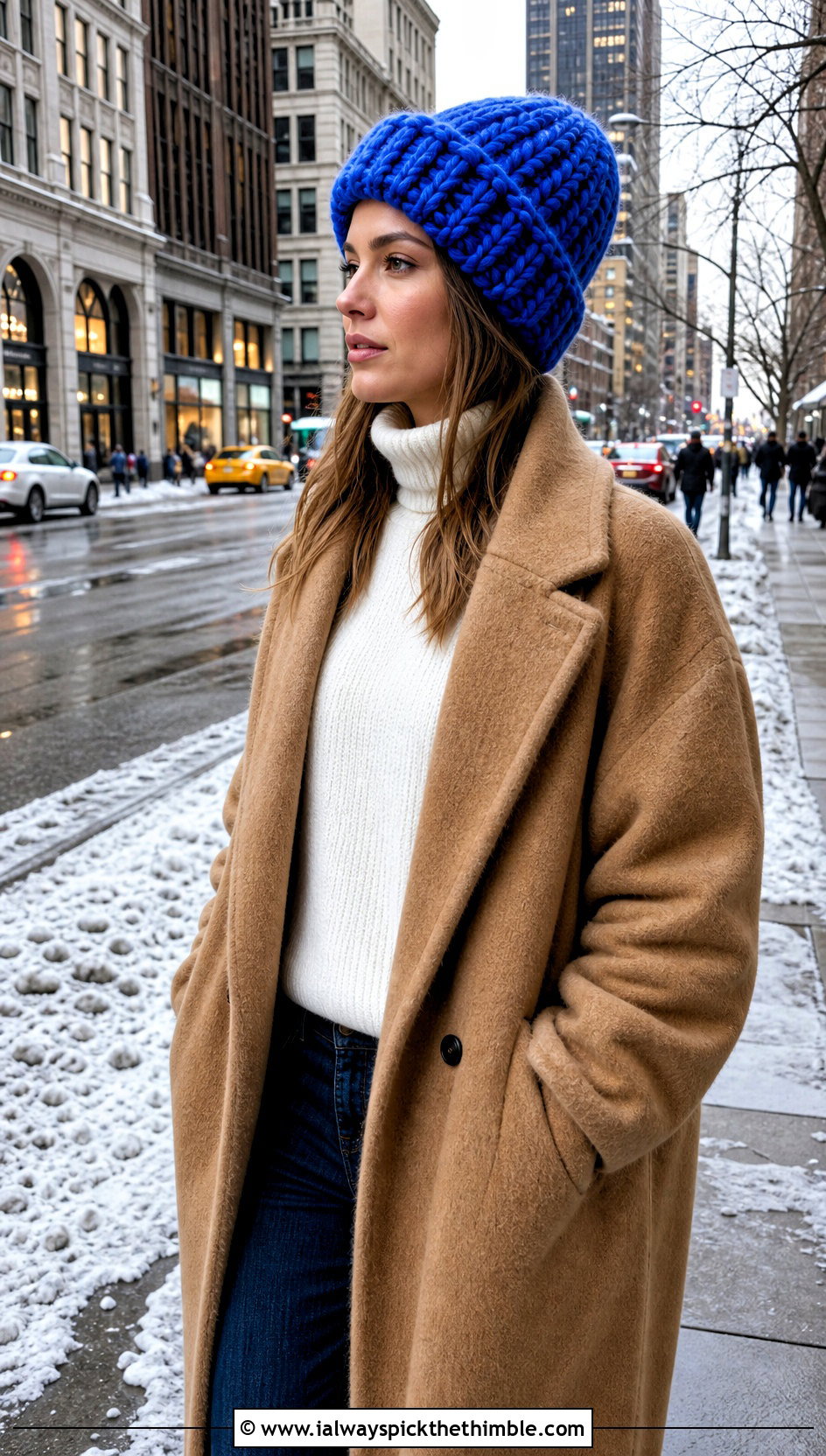 Chunky Crochet Beanie With Oversized Coat And Platform Boots - 25 crochet beanie hat outfit ideas