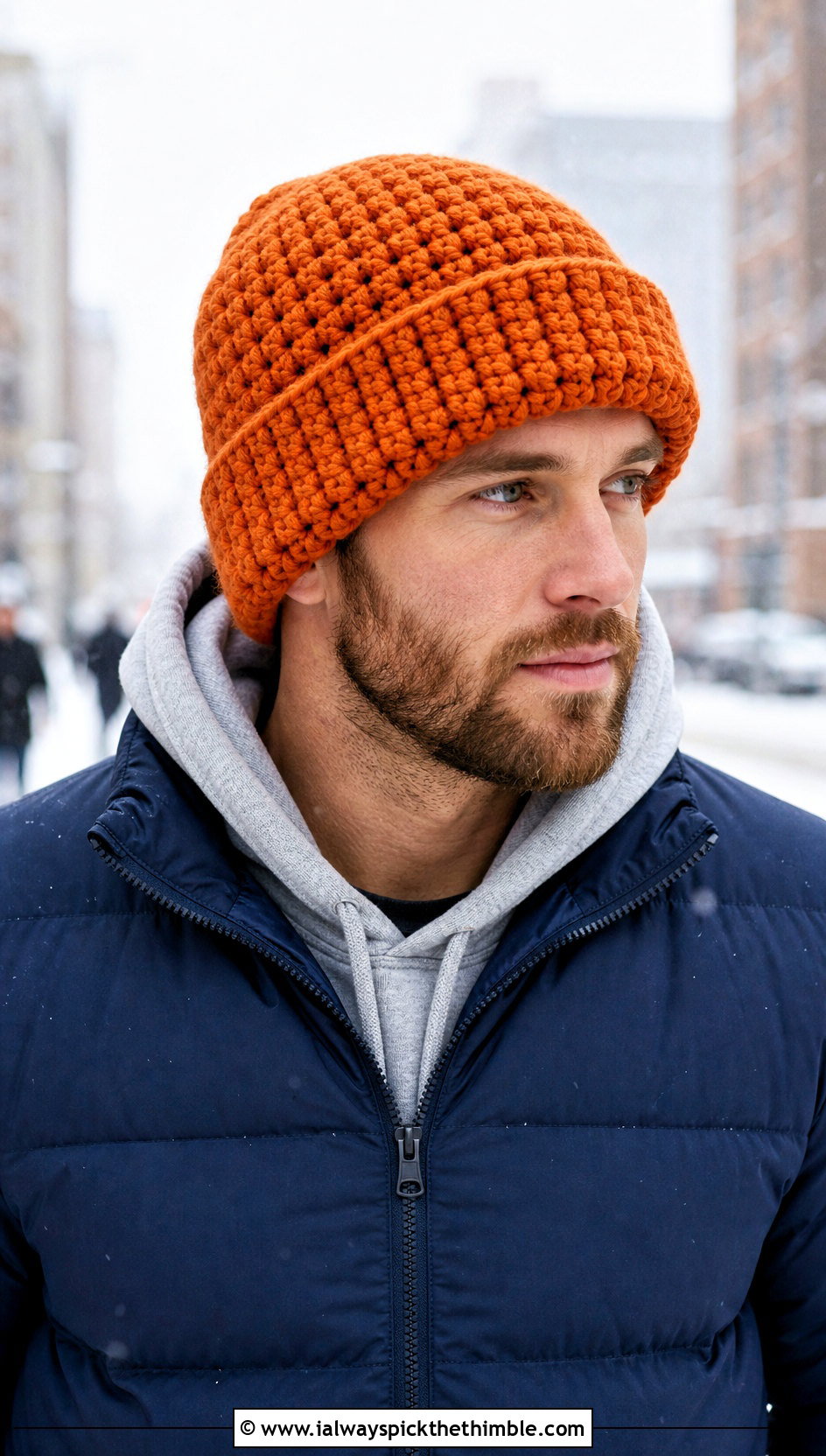 Chunky Crochet Beanie With Puffer Jacket - 20 easy men's crochet beanie outfit ideas