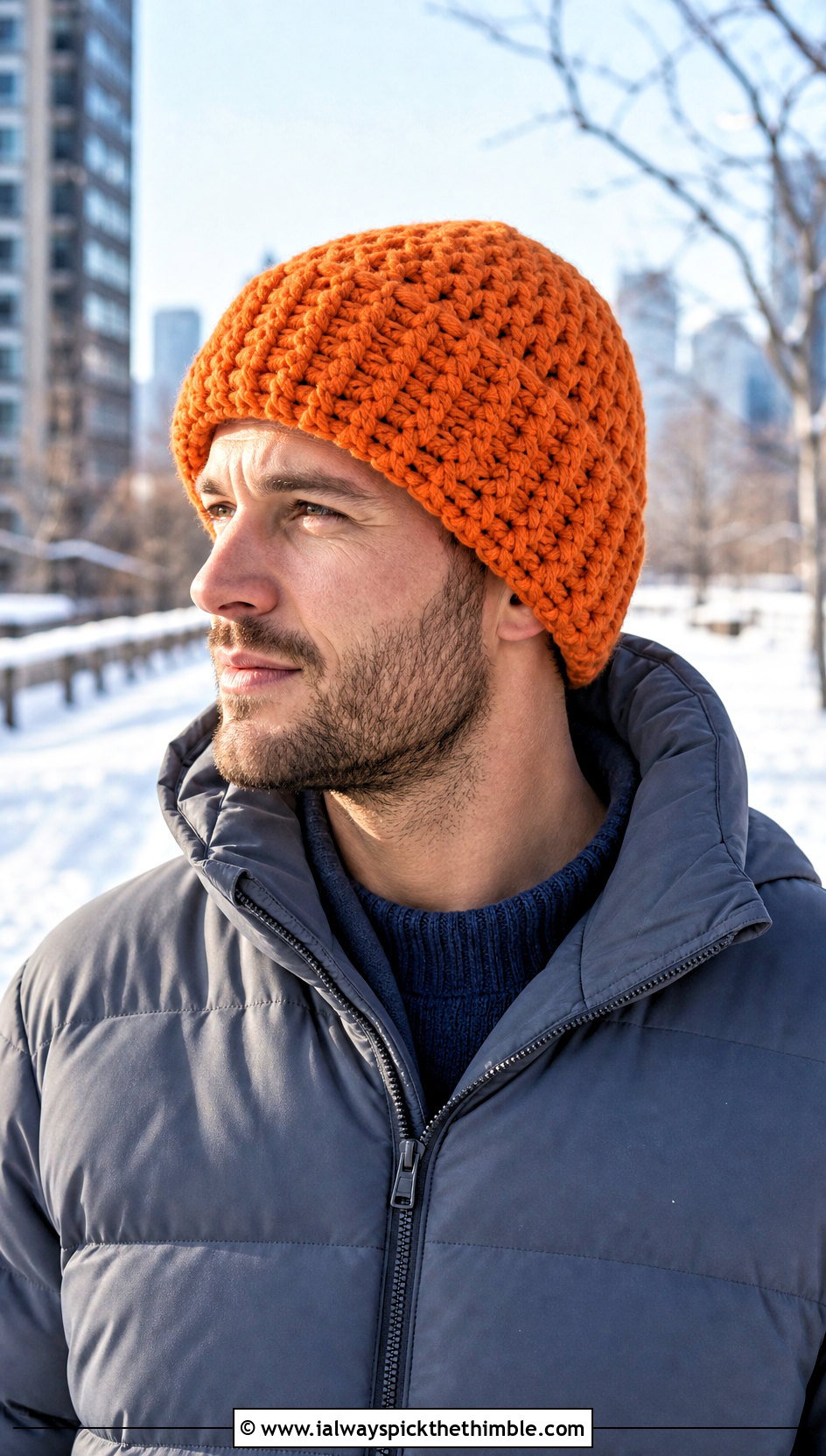 Chunky Crochet Beanie With Puffer Jacket - 20 easy crochet beanie for men outfit ideas