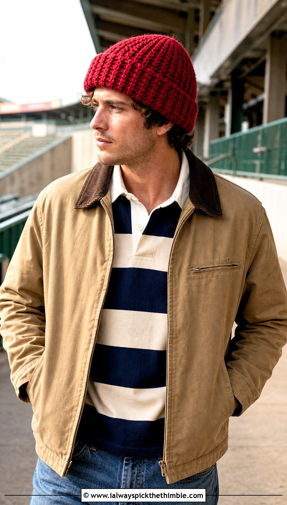 Chunky Crochet Beanie With Rugby Shirt - 20 mens crochet hats men's beanie outfit ideas