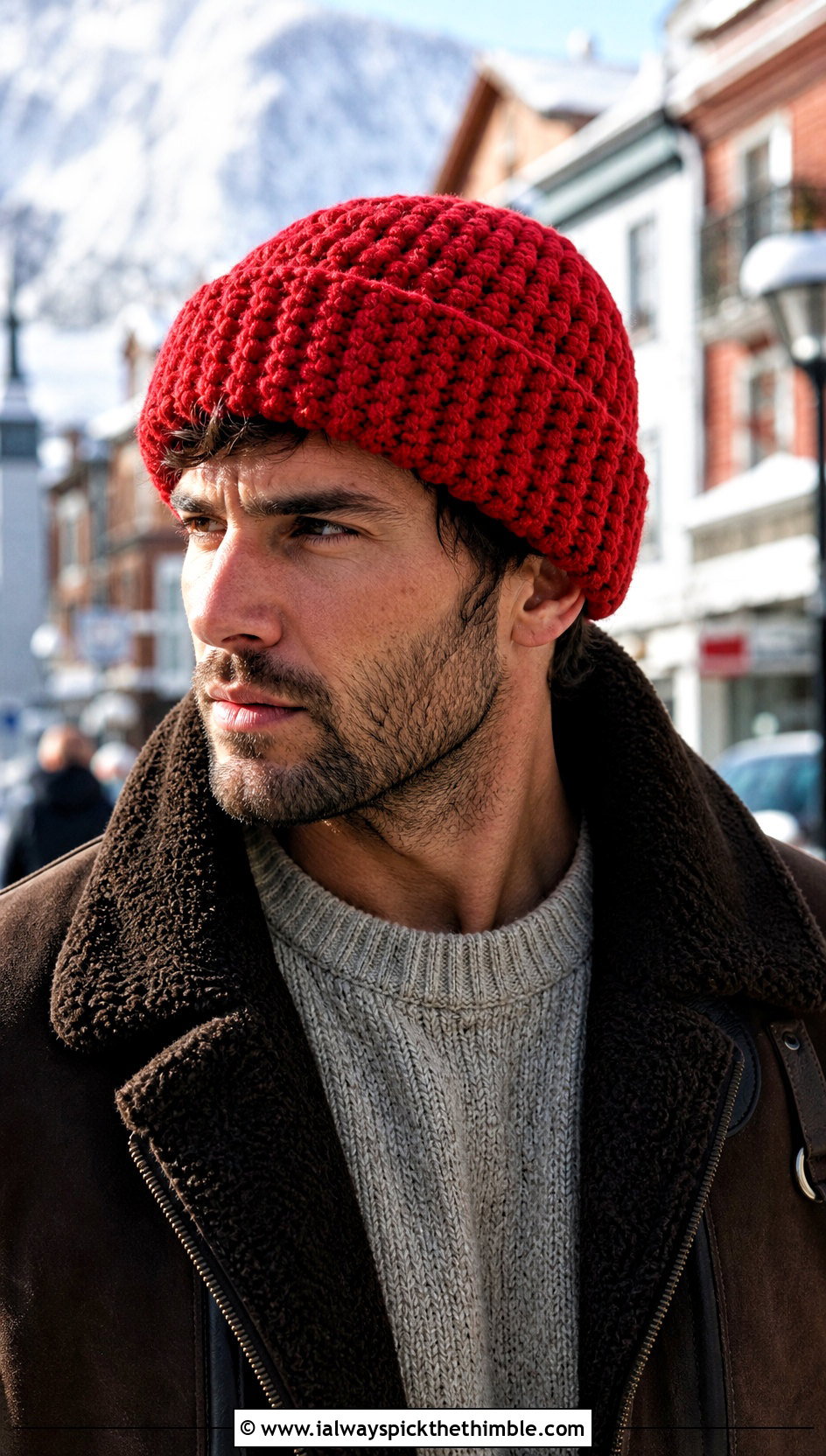 Chunky Crochet Beanie With Shearling Jacket - 20 crochet man beanie outfit ideas