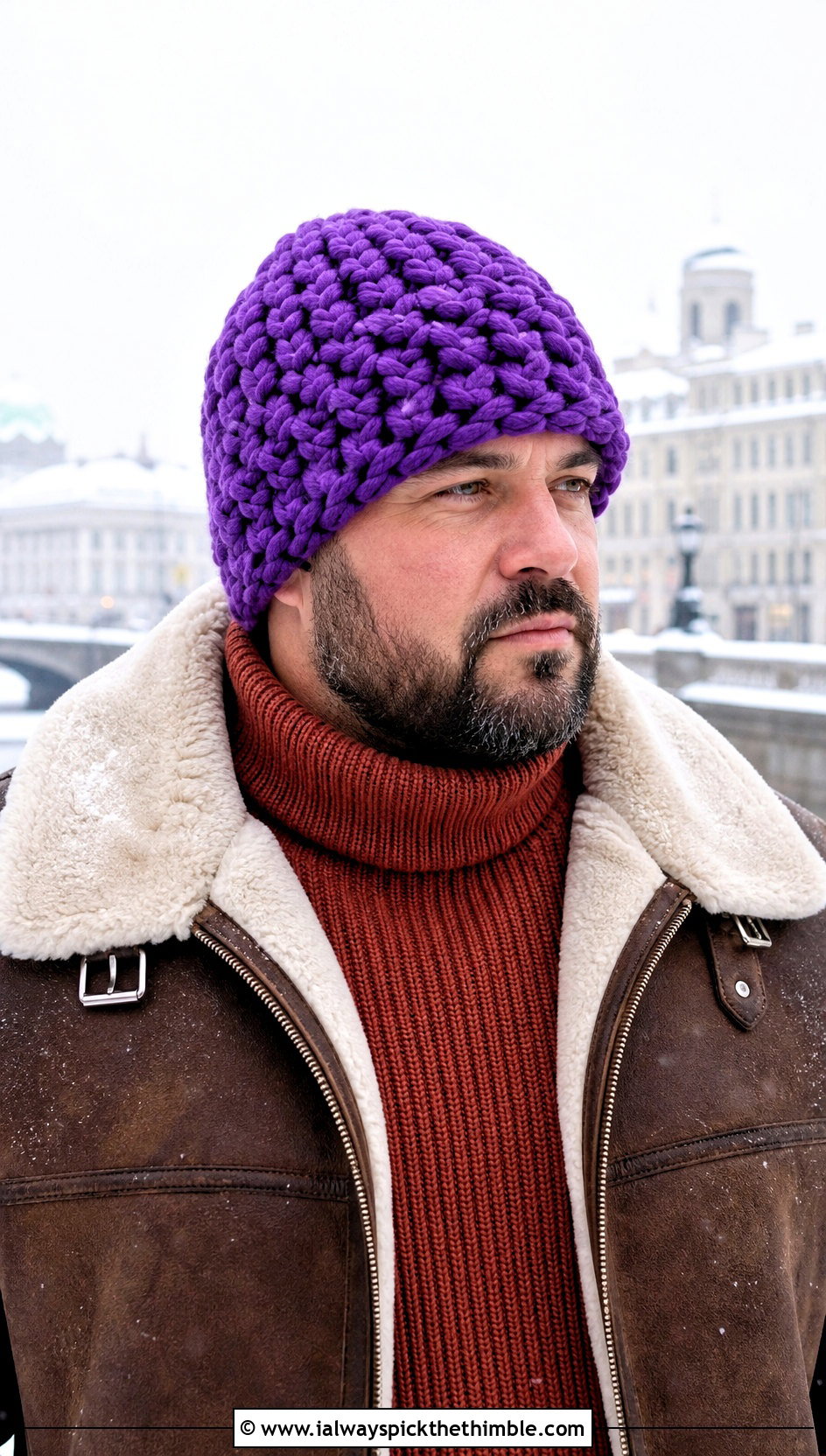 Chunky Crochet Beanie With Shearling Jacket - 25 crochet beanie for men outfit ideas