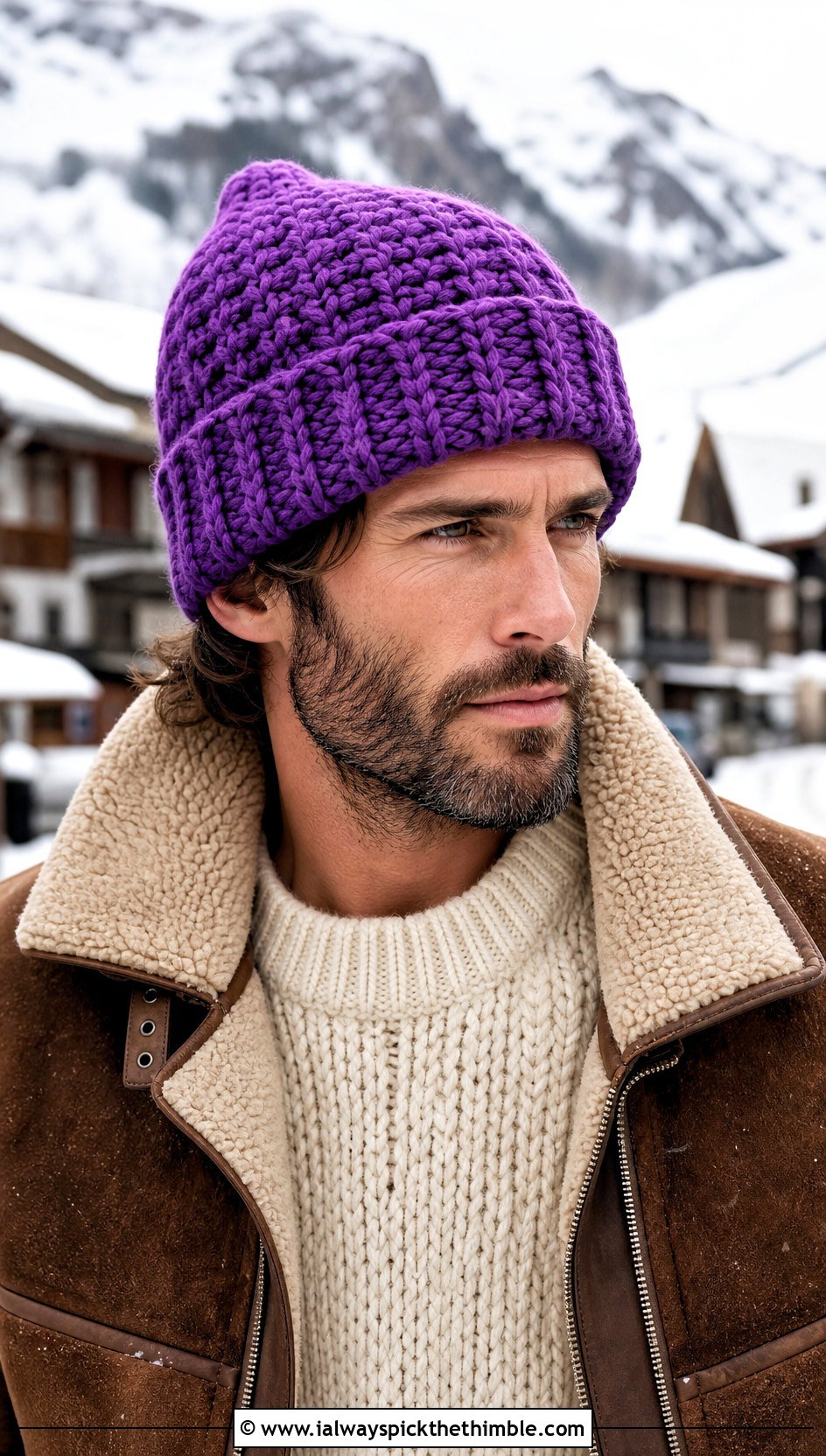 Chunky Crochet Beanie With Shearling Jacket - 25 men's crochet beanie outfit ideas