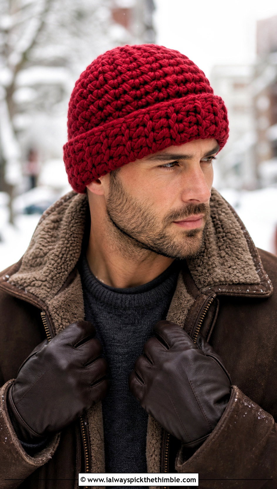 Chunky Crochet Beanie With Shearling Jacket - 20 crochet for men's beanies outfit ideas