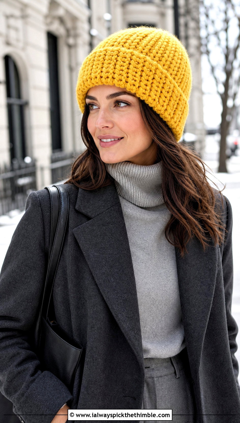 Chunky Crochet Beanie With Tailored Coat - 20 Cool Crochet Hat outfit ideas