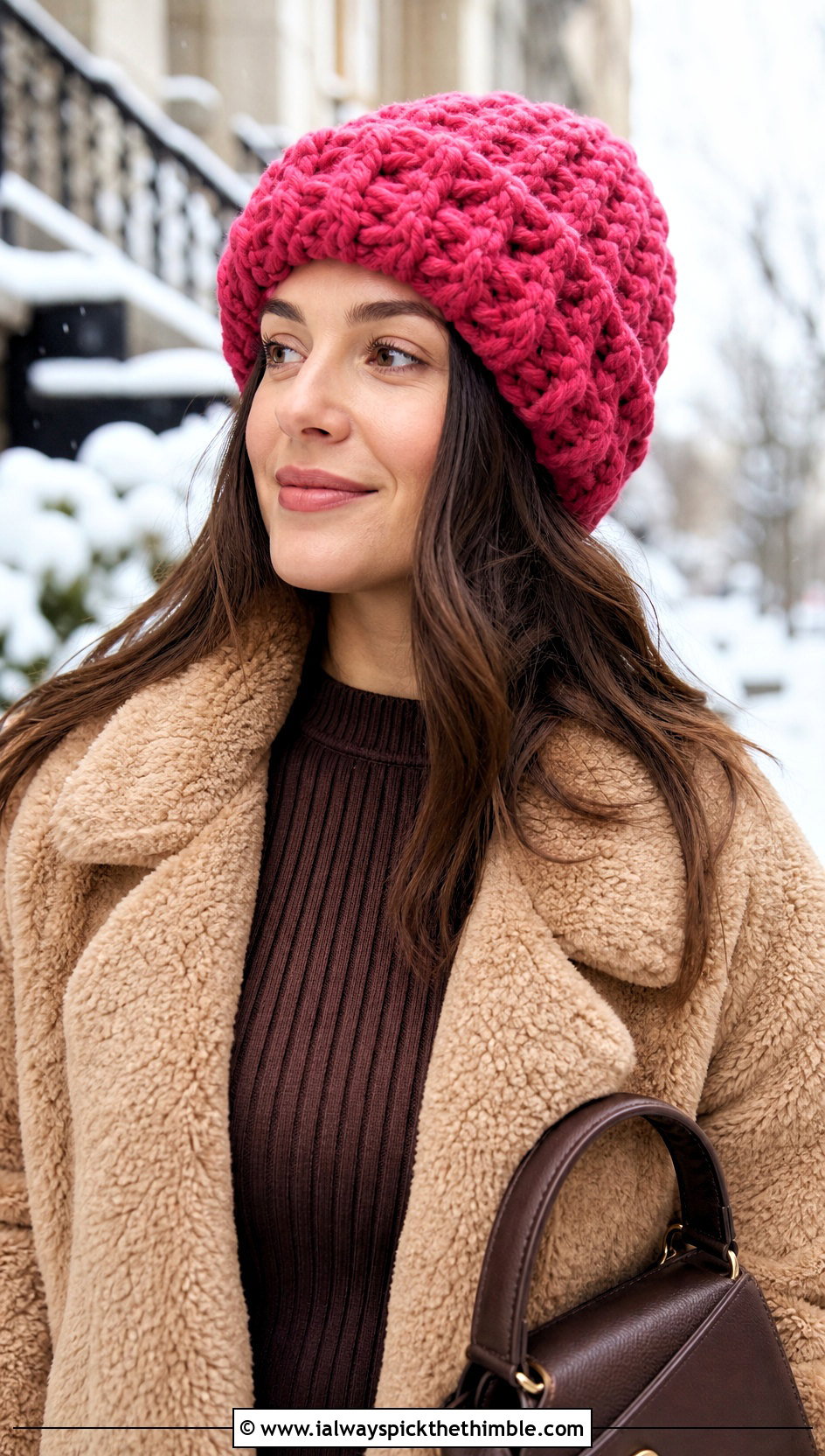 Chunky Crochet Beanie With Teddy Coat And Knit Dress - 20 Fun Crochet Beanie outfit ideas