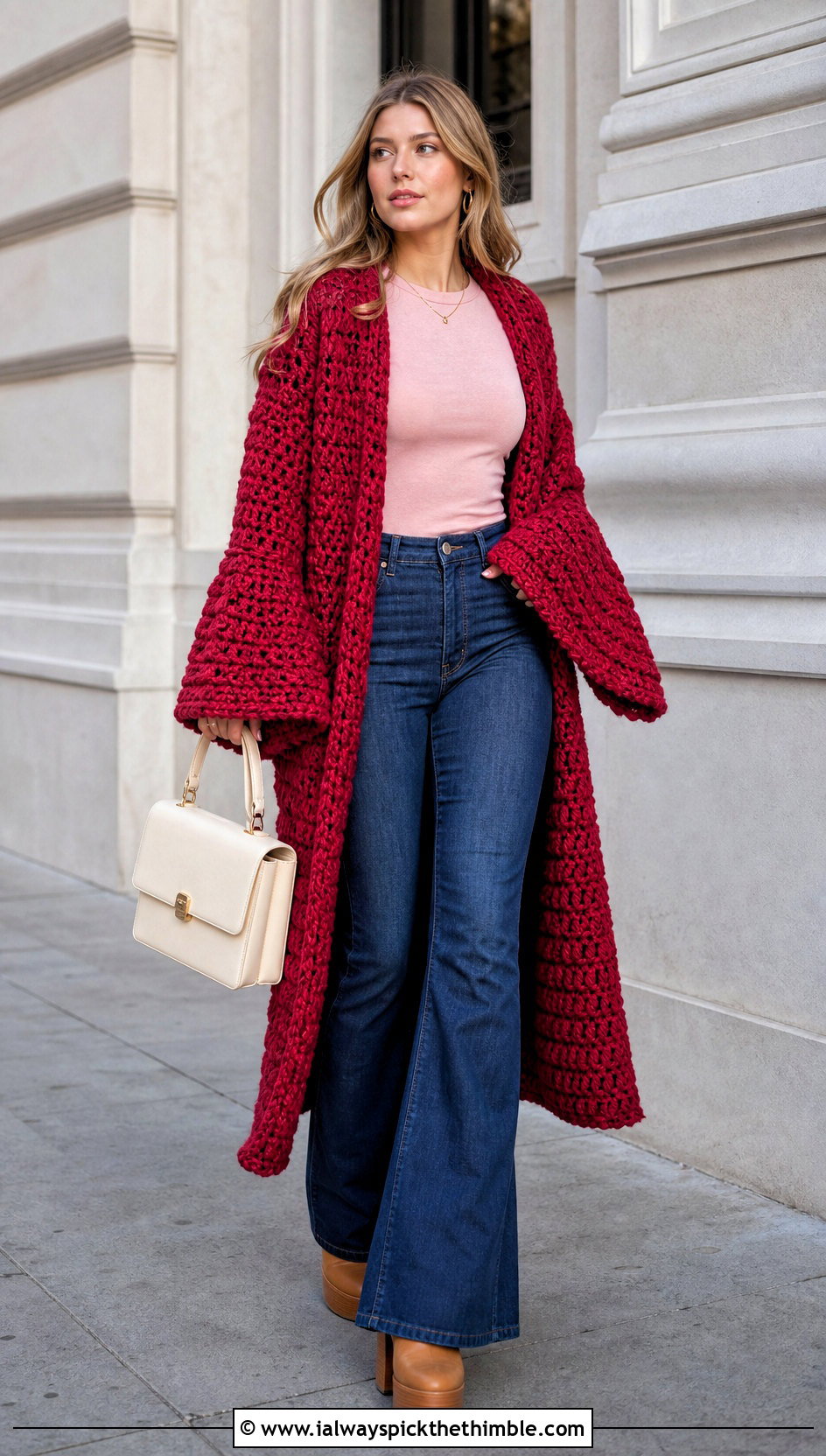 Chunky Crochet Bell Sleeve Coat With Flared Jeans - 20 Chunky Crochet Coat outfit ideas
