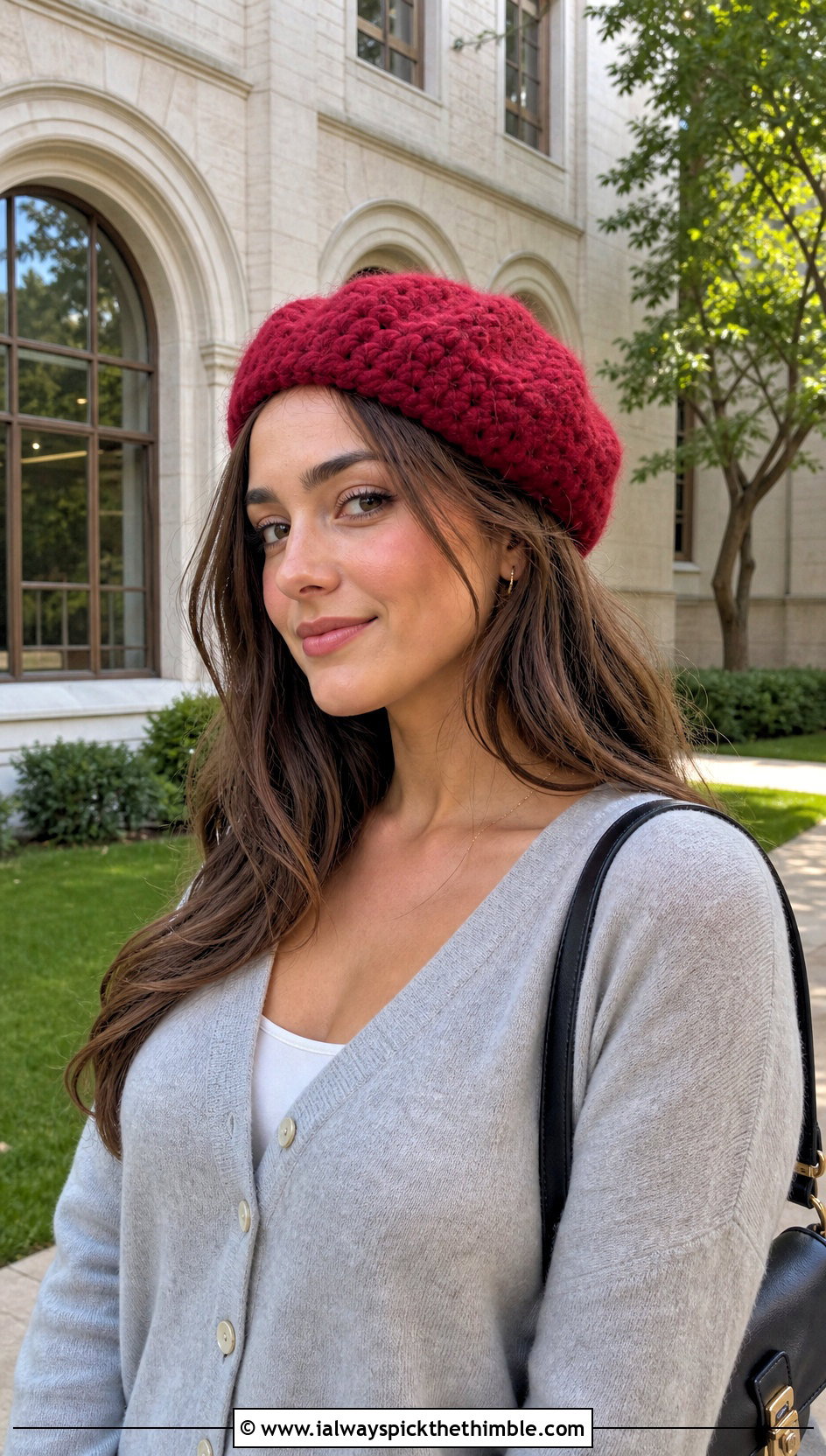 Chunky Crochet Beret With Cardigan And Pleated Skirt - 20 chunky yarn crochet hat outfit ideas