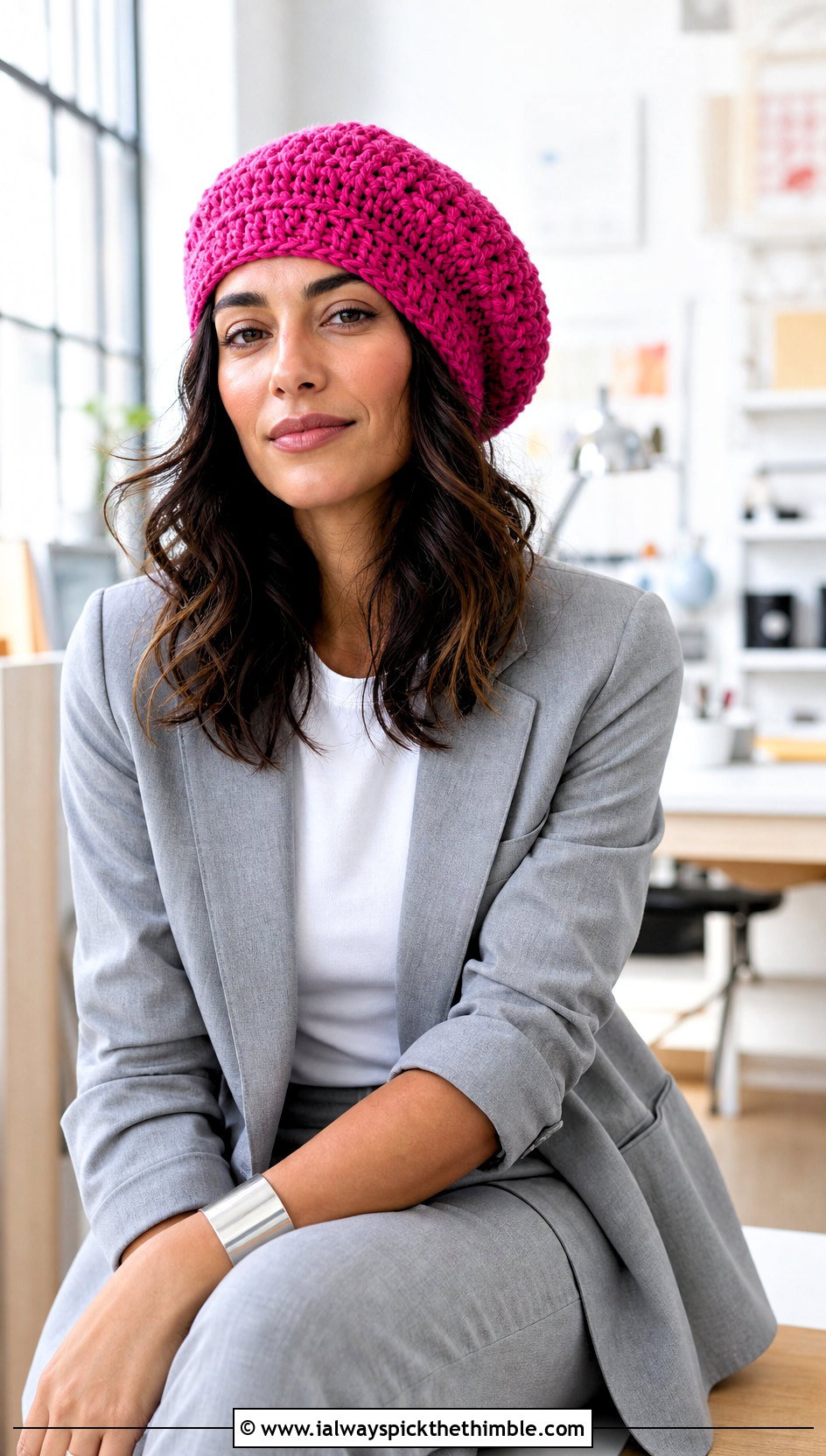 Chunky Crochet Beret With Monochrome Suit - 20 Chunky Yarn Crochet Hats outfit ideas