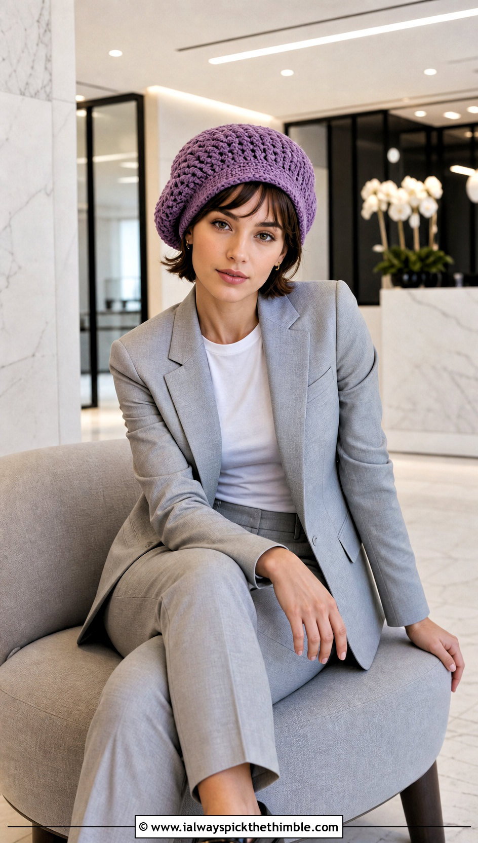 Chunky Crochet Beret With Pantsuit And Loafers - 20 Easy Chunky Crochet Hat outfit ideas