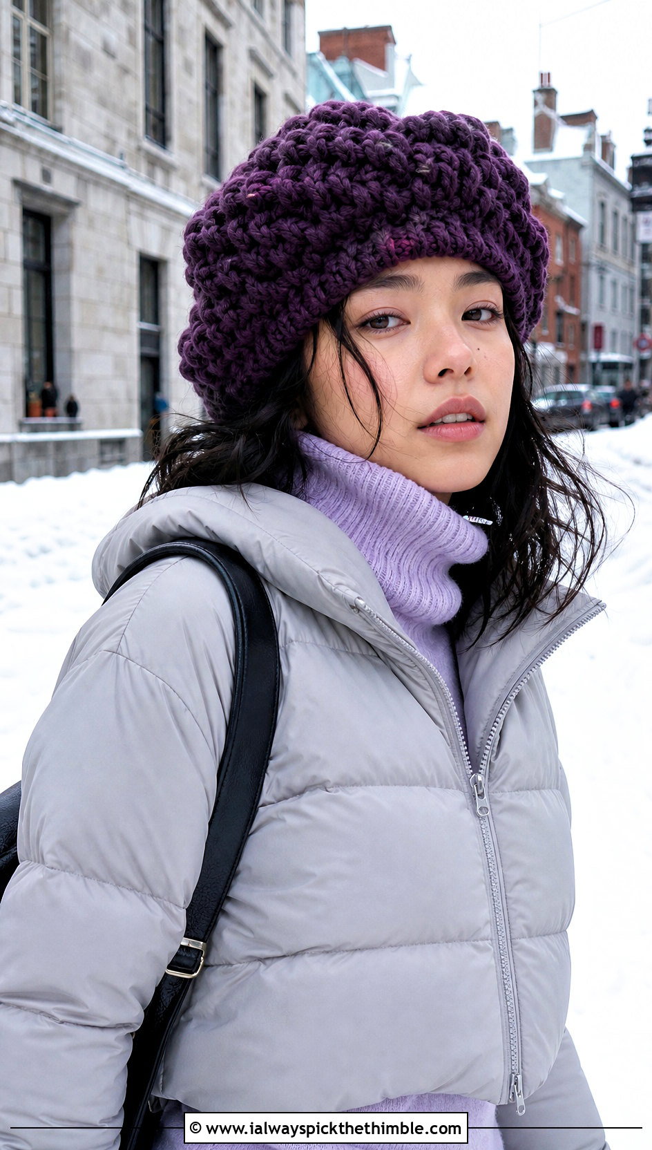 Chunky Crochet Beret With Puffer And Cargo Pants - 15 Womens Crochet Beret outfit ideas